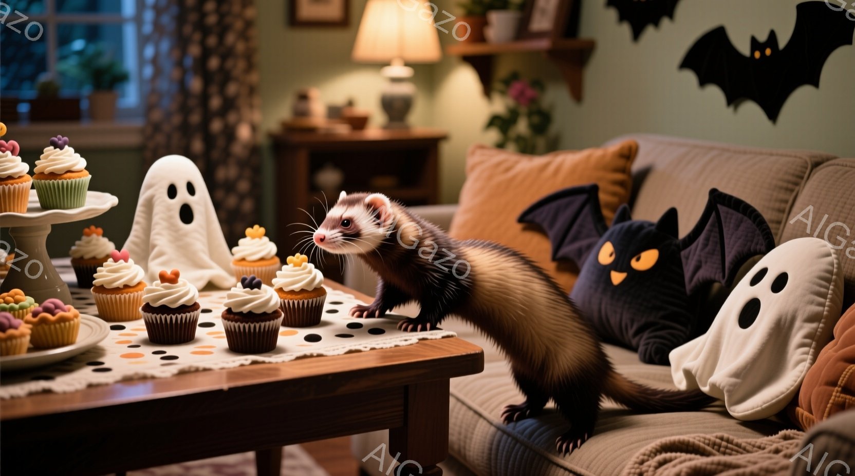 ハロウィーンの飾り付けがされたリビングルームで、イタチがテーブルの上を歩いています。テーブルにはカラフルなカップケーキや、幽霊の形の白い置物が並べられています。背景には、オレンジ色のクッションと黒いコ - AI生成フリー素材