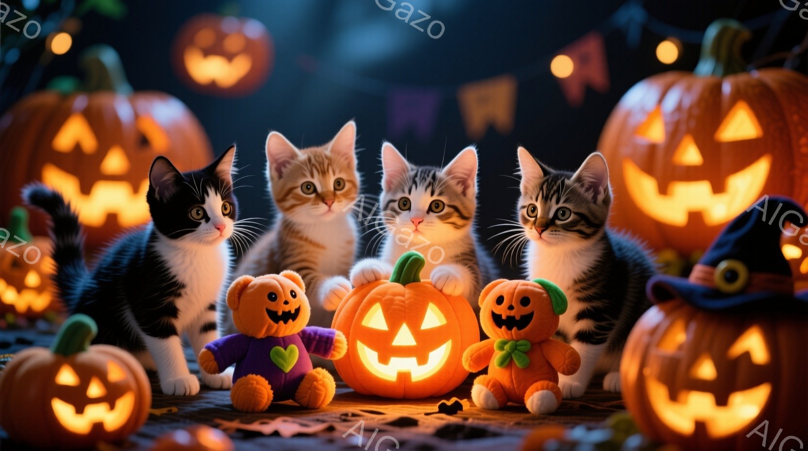 黒と白、茶色の縞模様の4匹の子猫が、ハロウィーンの飾りに囲まれて座っています。彼らはオレンジ色のカボチャのぬいぐるみと、中央に光るジャック・オー・ランタンに囲まれており、背景には様々な大きさの明るく照 - AI生成フリー素材