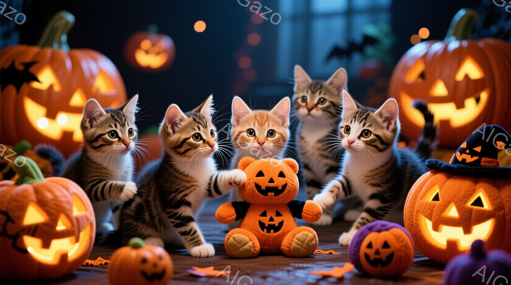 縞模様の猫たちが、ハロウィーンの飾り付けに囲まれて座っています。中央の猫は、小さなカボチャのぬいぐるみを抱きしめており、他の猫たちは興味深そうにその様子を見守っています。背景には、様々な大きさのジャッ - AI生成フリー素材