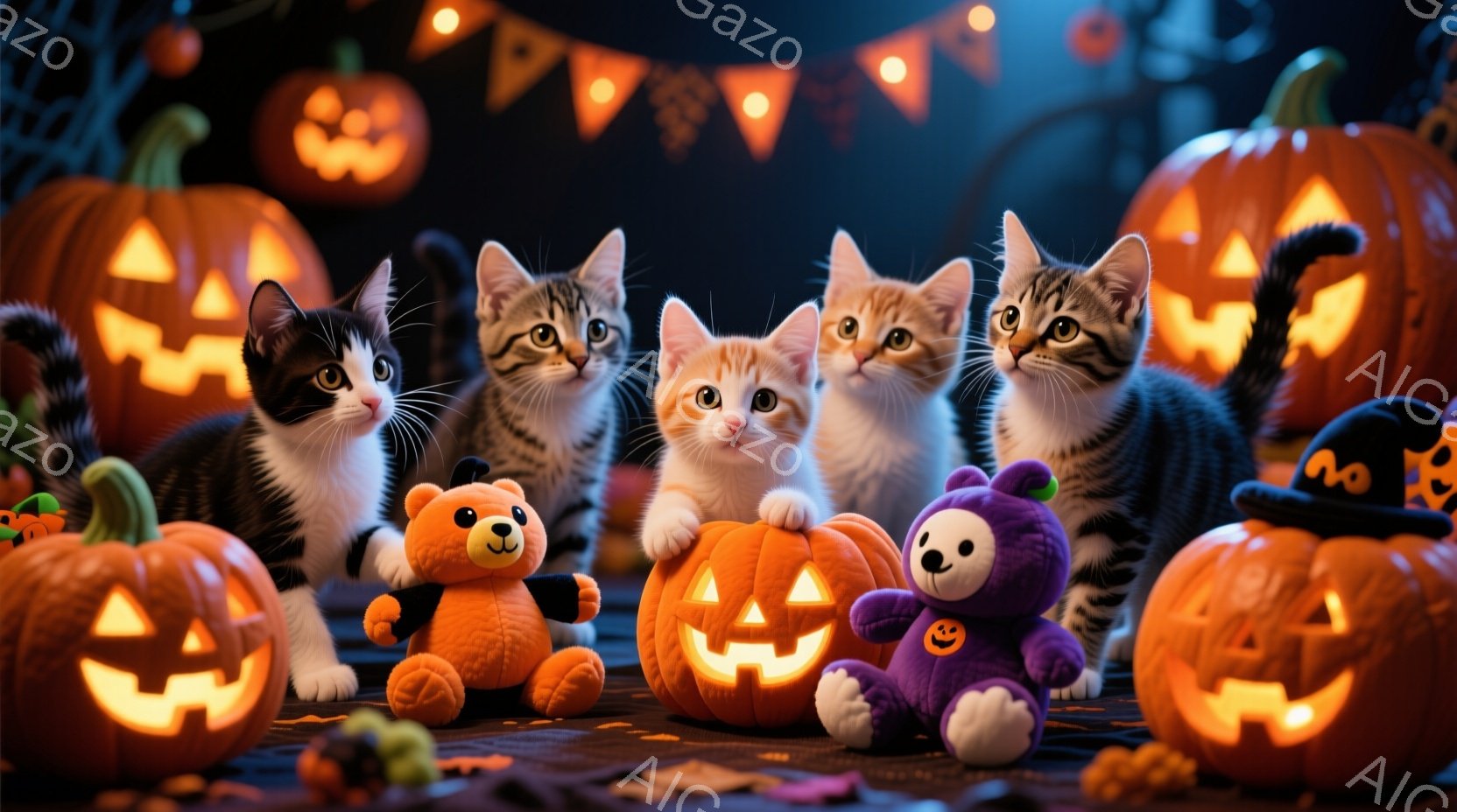 ハロウィーンをテーマにした写真には、さまざまな模様の小さな子猫が5匹並んで座っています。子猫たちは、オレンジ色と紫色の可愛いぬいぐるみに囲まれ、背景には点灯したジャック・オ・ランタンがいくつか配置され - AI生成フリー素材