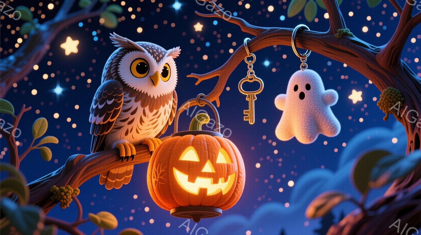 ふくろうが枝に止まり、光るジャック・オ・ランタンを見下ろしている。背景は暗い夜空で、星が散りばめられ、可愛らしい幽霊のキーホルダーがぶら下がっている。全体的に、ハロウィーンの夜の幻想的で温かい雰囲気で - AI生成フリー素材