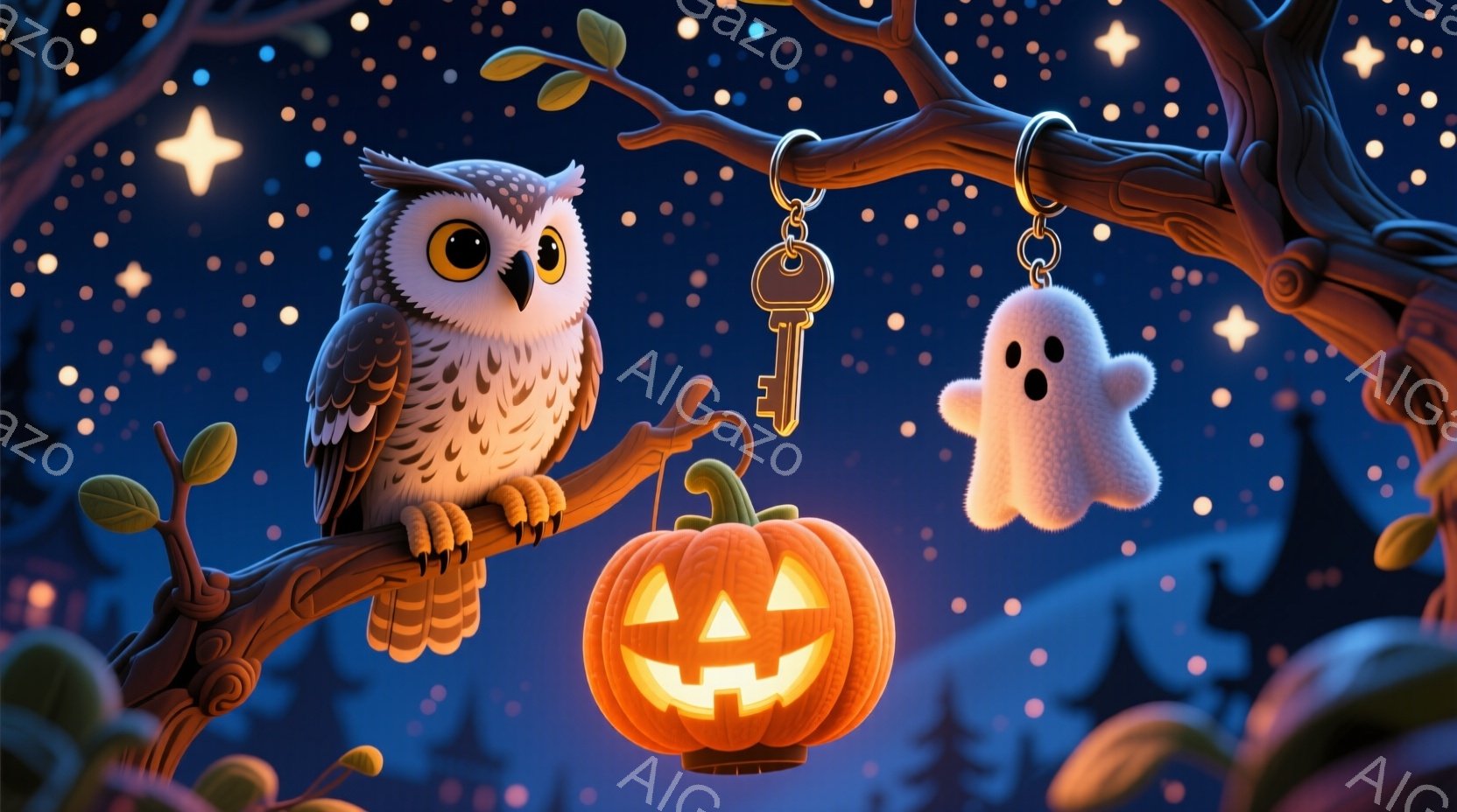 夜空を背景に、木の枝に止まったフクロウが描かれています。フクロウは丸い目をしており、毛並みが細かく表現されています。枝には、カボチャのランタンと幽霊のキーホルダーがぶら下がっており、ハロウィンの雰囲気 - AI生成フリー素材
