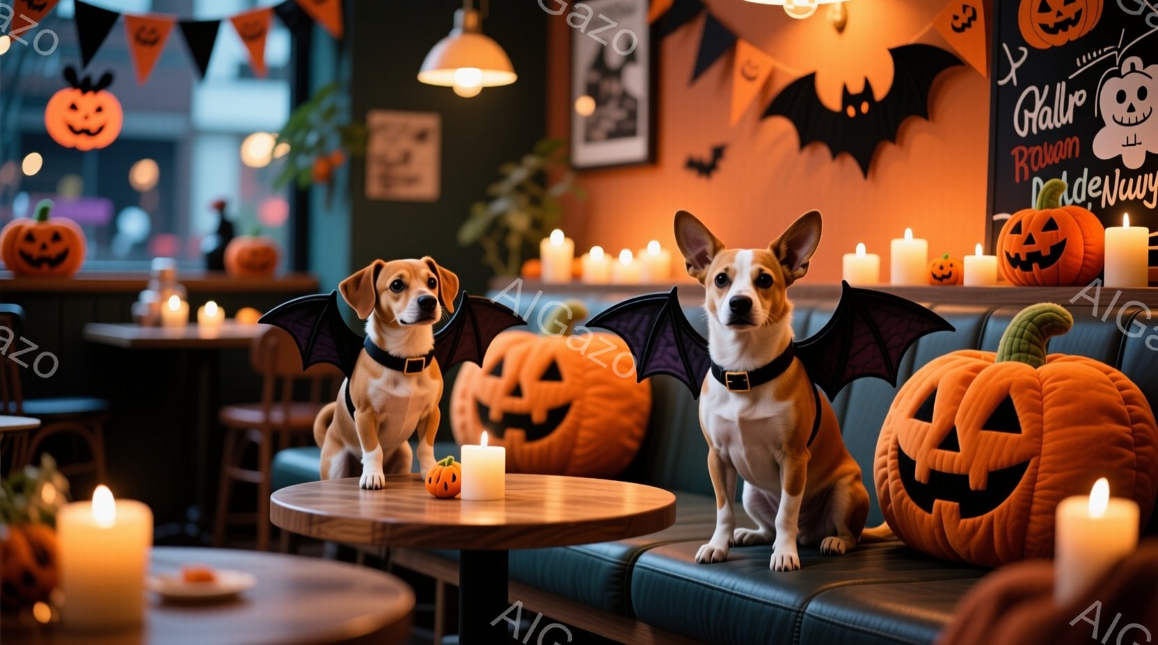 ハロウィーンの装飾がされたカフェのような場所で、２匹の犬が映っています。片方の犬は茶色と白の毛並みで、蝙蝠の羽のコスチュームを着ており、もう片方の犬はトリコロールカラーで赤い首輪をつけています。両犬ともテーブルや椅子が並んだカフェのソファに座っており、ハロウィーンのランタンとキャンドルが暖かく照らし出す、お祝いムードに満ちた空間が広がっています。