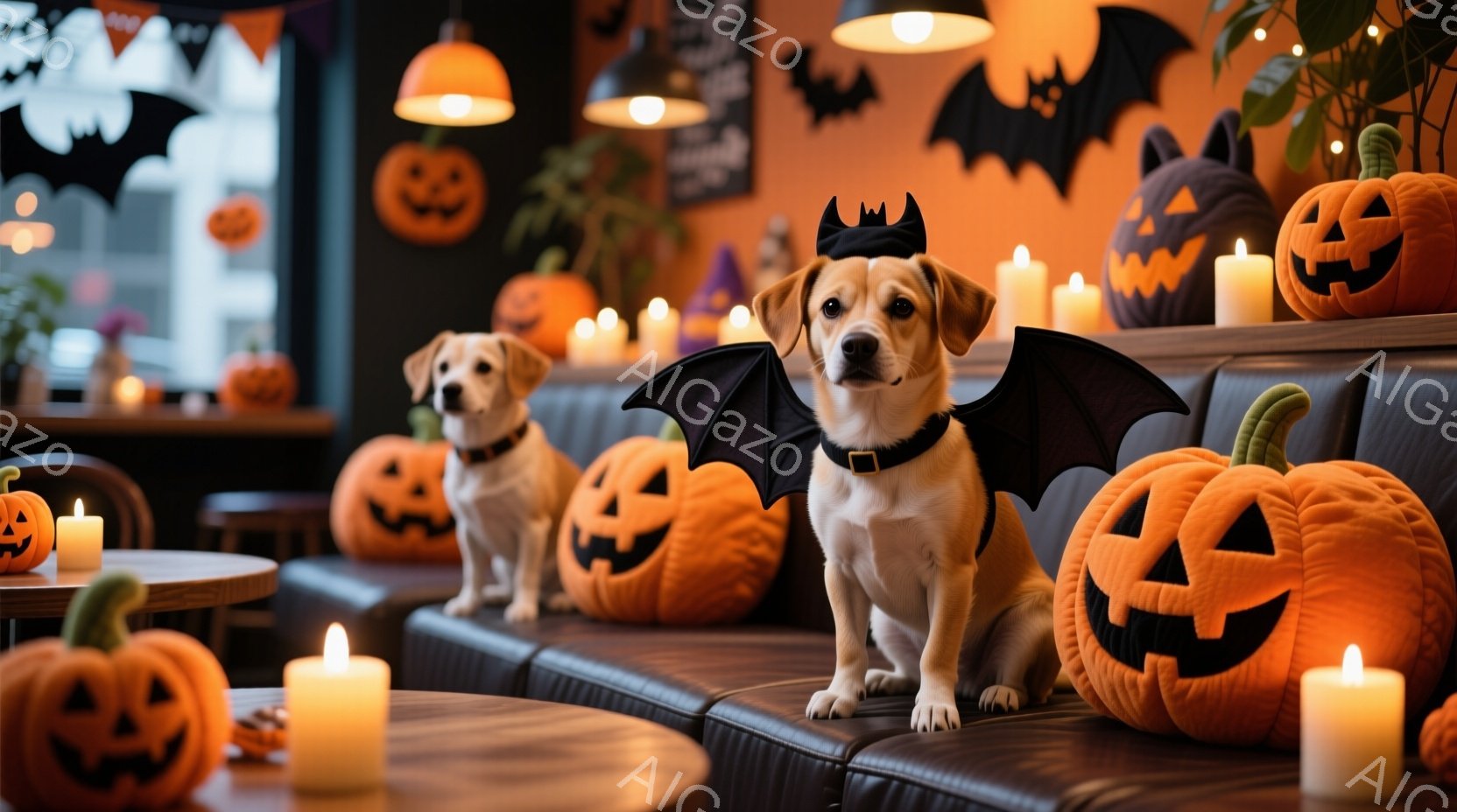ハロウィーンの装飾に囲まれたソファに、バットマンのコスチュームを着た2匹の犬が座っています。1匹は正面を向き、もう1匹は少し横を向いており、どちらもリラックスした表情をしています。背景には、ジャック・オ・ランタンやコウモリの切り抜き、そしてたくさんのキャンドルが置かれ、温かくお祝いの雰囲気を作り出しています。