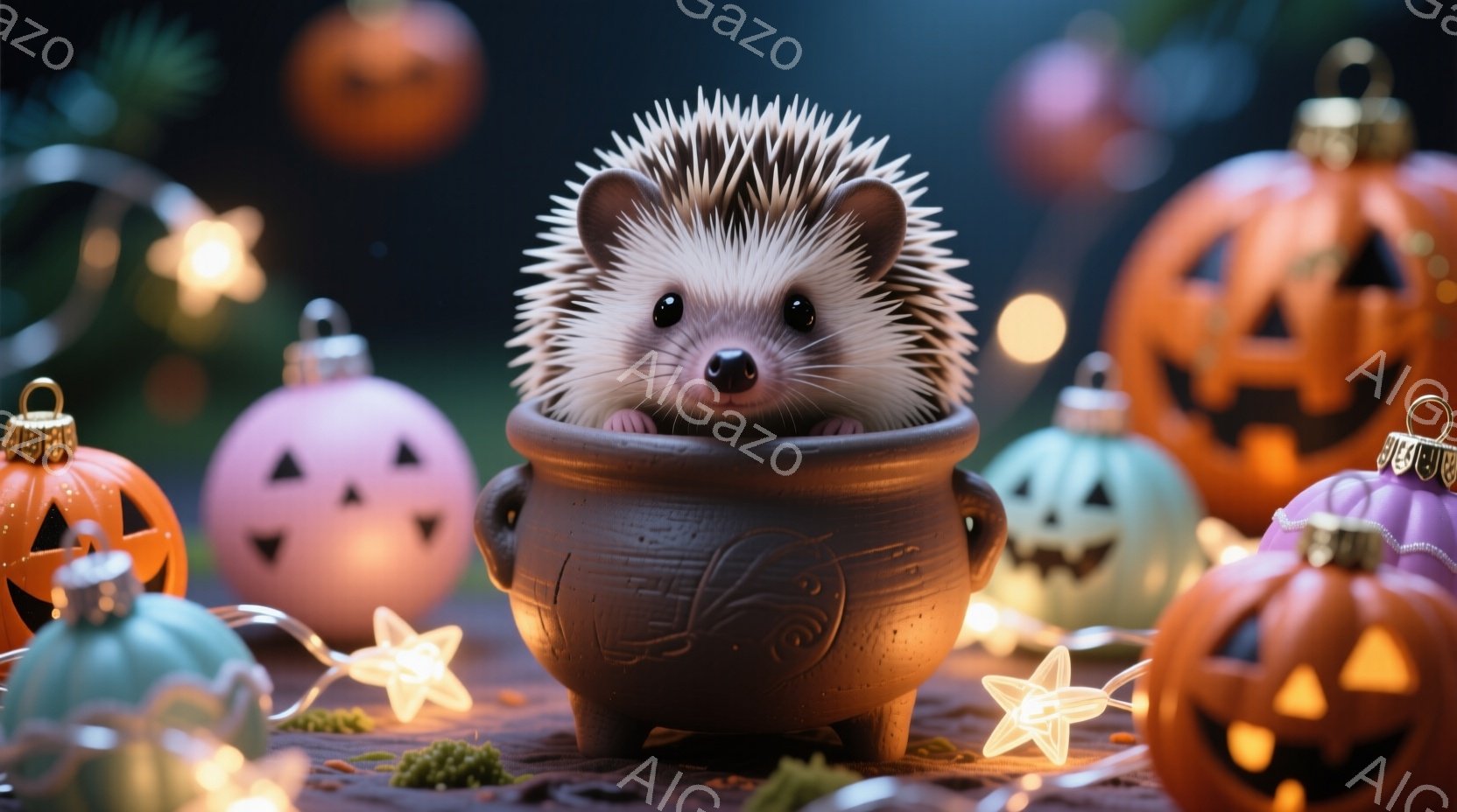 小さなハリネズミが素朴な陶器の鉢の中に座っており、好奇心旺盛な表情でこちらを見ています。背景には、ハロウィーンの装飾であるカボチャのオーナメントや星形のライトが散りばめられ、暖かい光が全体を照らしています。ハロウィーンらしい雰囲気で、可愛らしさと温かさを感じさせる一枚です。