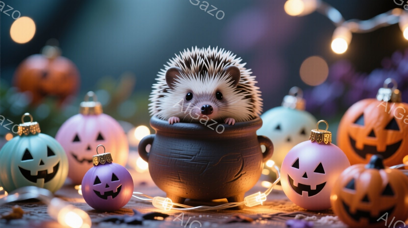 壺の中に可愛らしいハリネズミがちょこんと座っており、黒い目と小さな鼻が愛らしい表情をしています。背景にはオレンジと紫のハロウィーンの飾り付けのカボチャが並び、小さな電飾が暖かく灯っています。全体的に、暖かく、お祝いの雰囲気で、秋のハロウィーンシーズンを感じさせます。