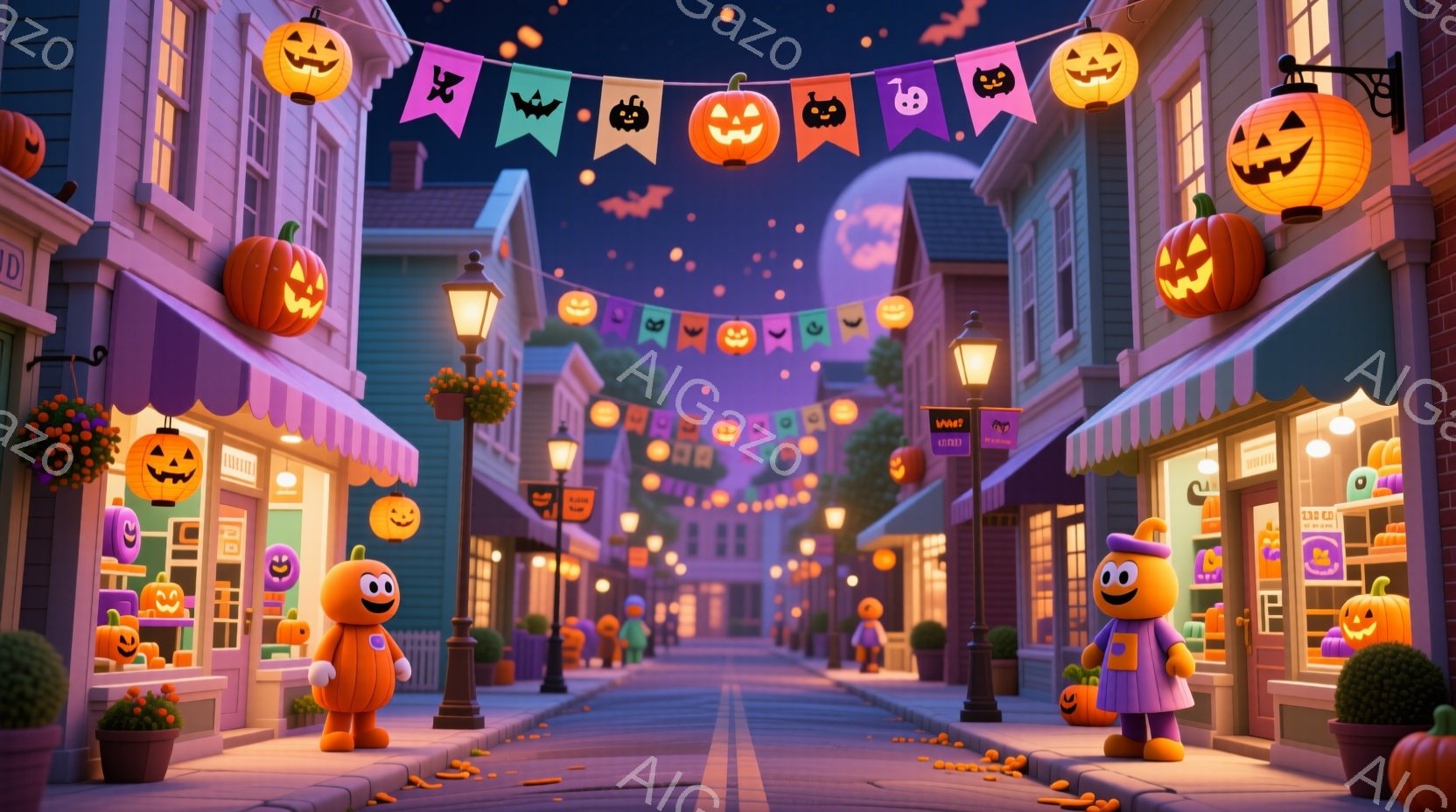 ハロウィーンの装飾が施された賑やかな通りを描いています。オレンジ色の衣装を着たキャラクターが2人、楽しそうに通りを歩いており、その表情は喜びと興奮に満ちています。背景には、カボチャのランタンやハロウィ - AI生成フリー素材