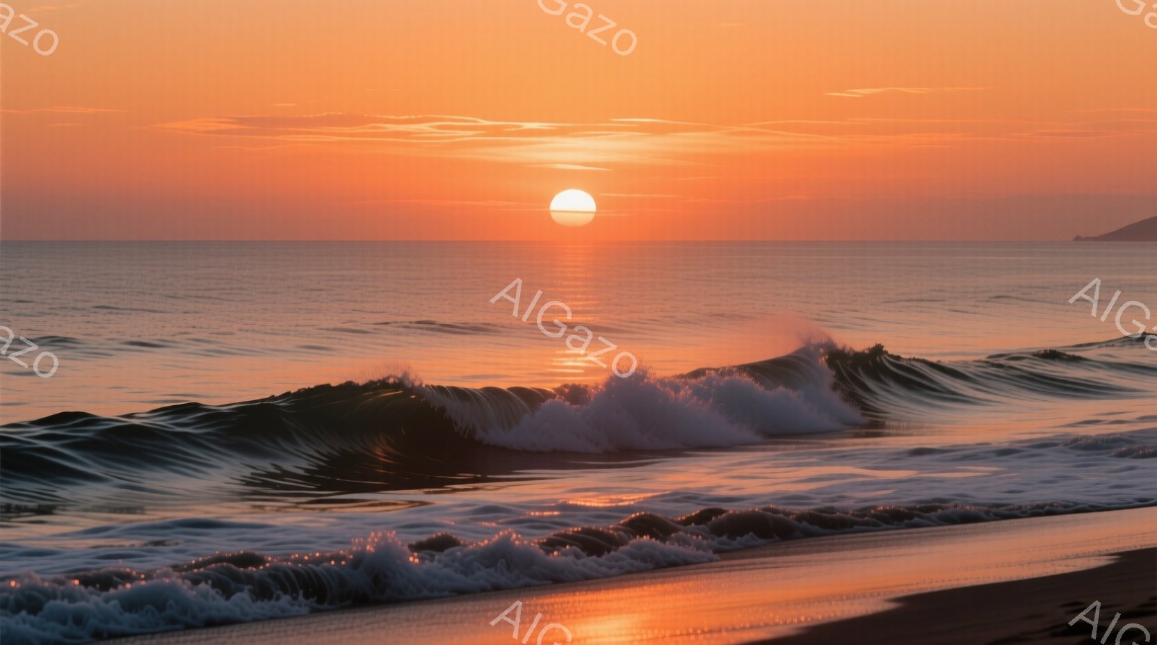 夕焼けが海面を鮮やかに染め上げ、波が白い泡を立てて押し寄せています。太陽は地平線近くに位置し、強い光を放ちながら海を照らし、水面にオレンジ色の輝きを生み出しています。穏やかでありながら力強い自然のエネ - AI生成フリー素材