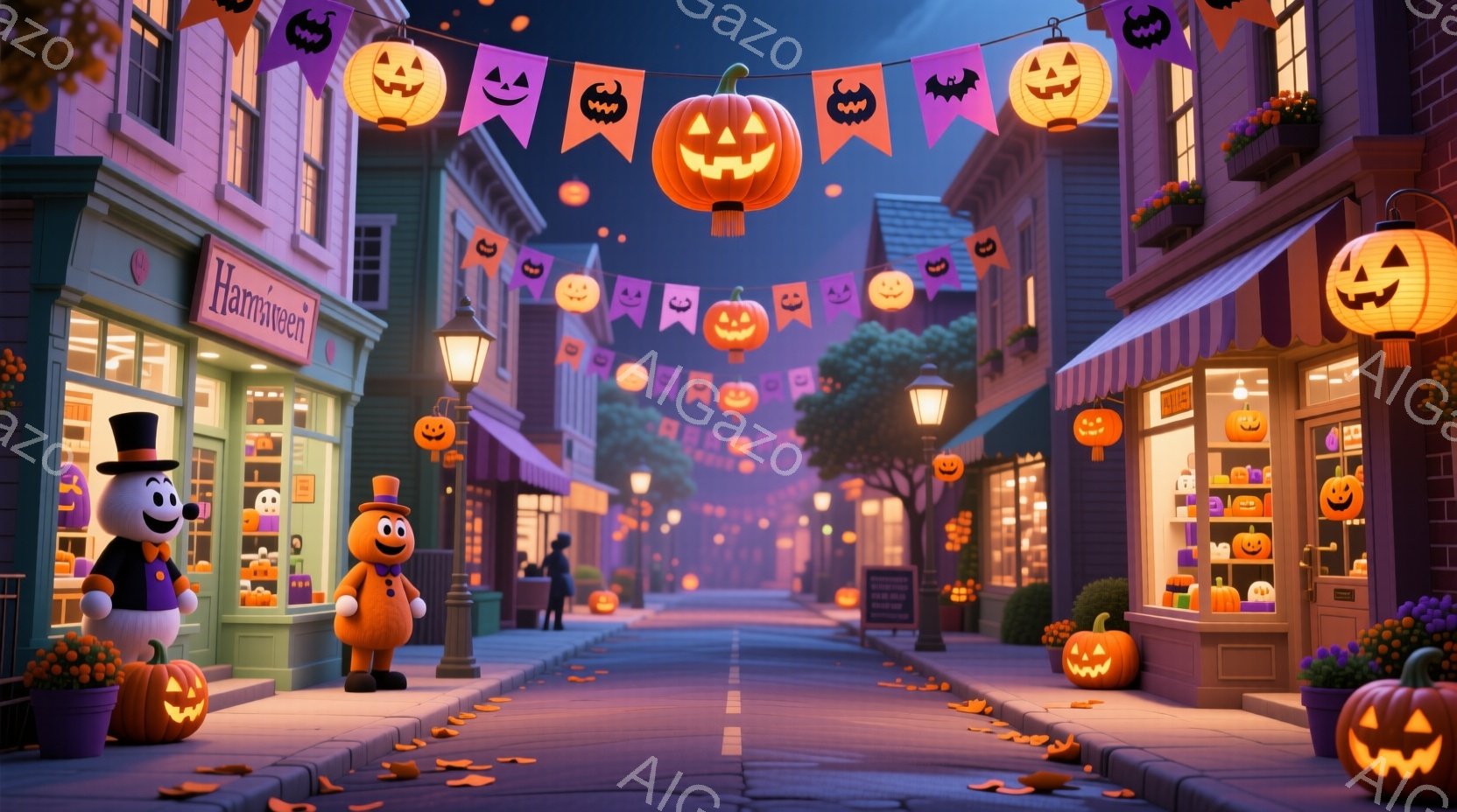 石畳の通りが夕暮れ時のハロウィンの装飾で彩られています。可愛らしいカボチャのランタンや旗が通り沿いの建物に飾られ、二人のキャラクターがハロウィンの衣装を身に着けて立っています。暖色系の照明とオレンジ色 - AI生成フリー素材