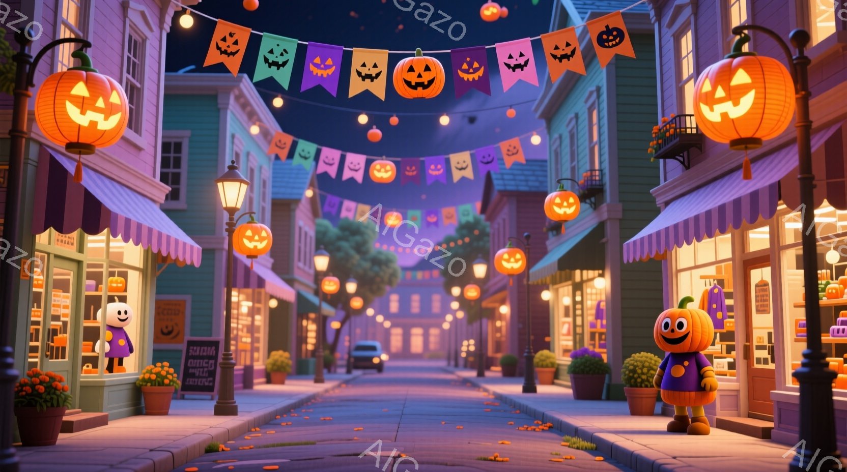 夜の街並みがハロウィーンの飾りで賑わっています。オレンジ色のカボチャのランタンや旗が通りに並び、可愛らしいカボチャのキャラクターが立っています。建物はカラフルで、秋らしい温かく、お祝いムード満点の雰囲 - AI生成フリー素材