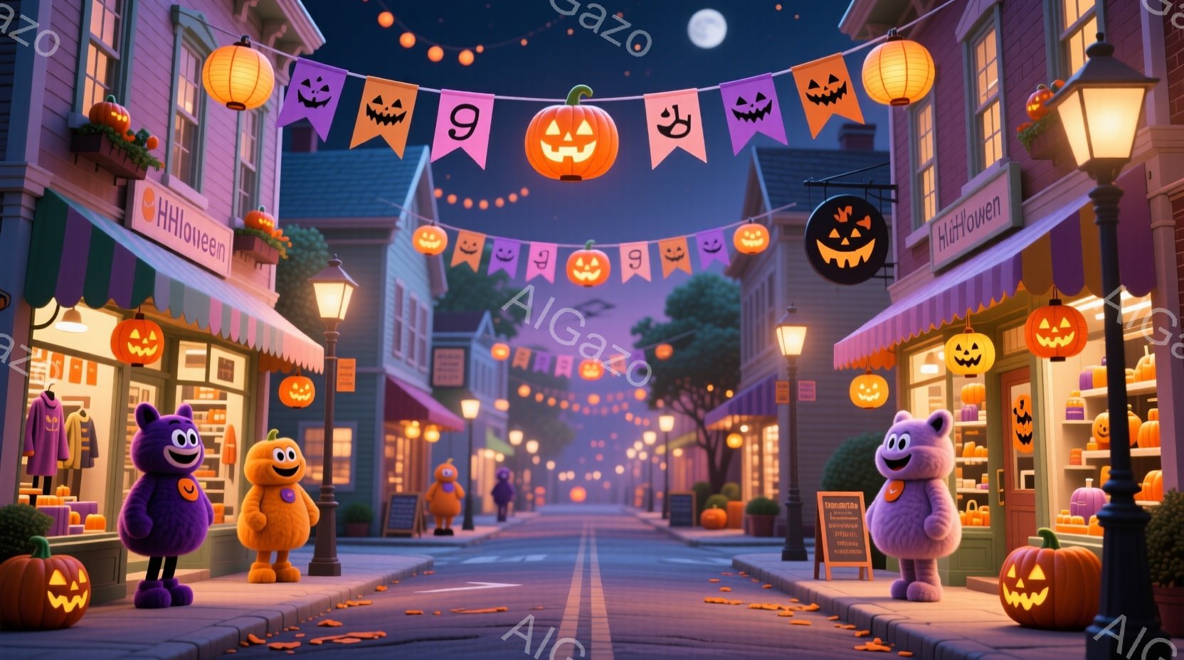 ハロウィーンの装飾が施された賑やかな通りが描かれています。紫色の毛並みと大きな目を持つ3体のモンスターが、それぞれ異なる色の服を着て立っており、楽しそうな表情をしています。背景には、ハロウィーンの飾り付けがされたお店が並び、遠くには街灯が灯り、夜の穏やかな雰囲気を醸し出しています。