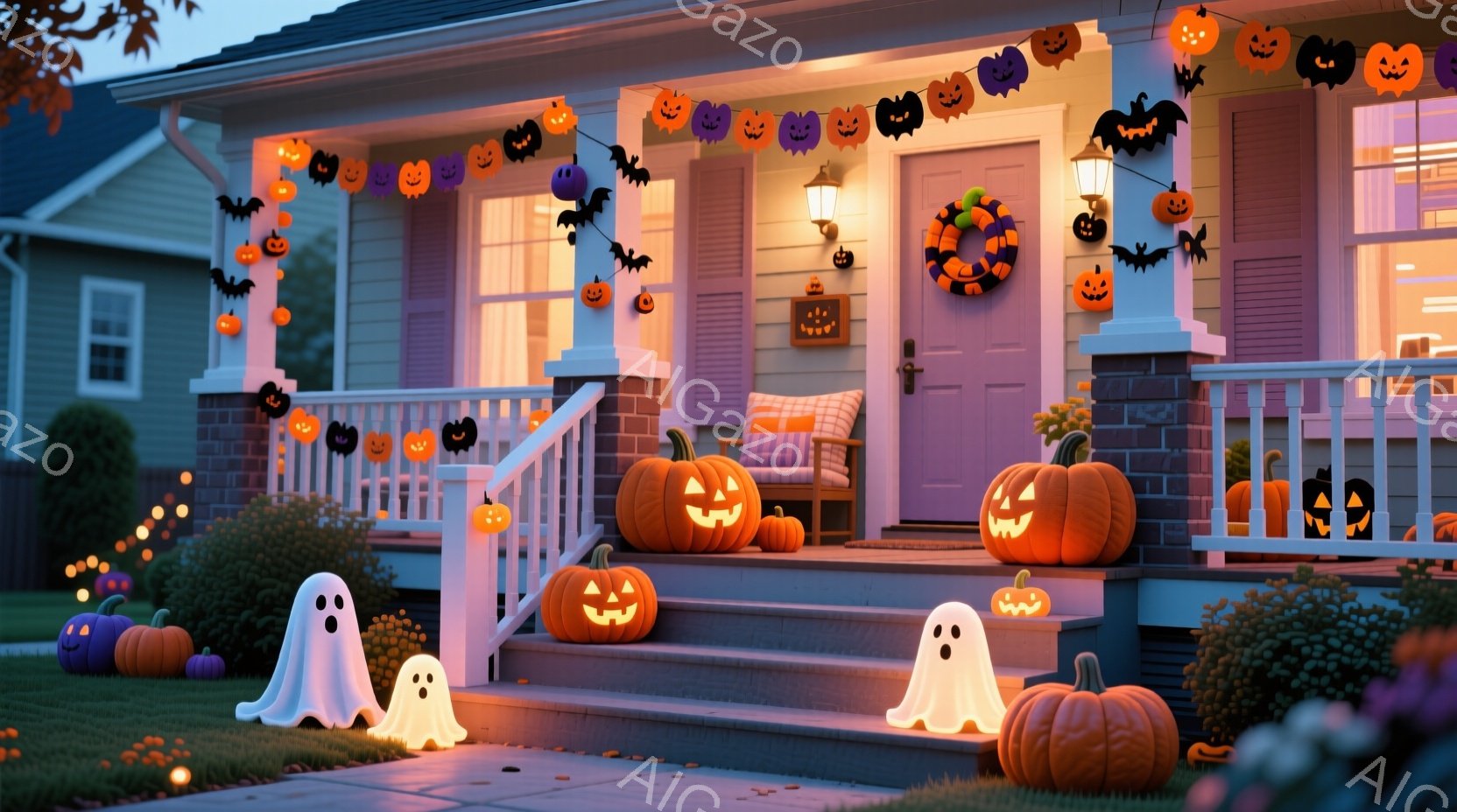 ハロウィーンの飾り付けがされた家の正面玄関が写っています。玄関ポーチには、様々な大きさのジャック・オー・ランタンや可愛らしい幽霊のおもちゃが置かれ、ハロウィーンらしい雰囲気を醸し出しています。背景には、夕暮れ時の空と緑豊かな植物が見え、全体的に温かく幻想的なムードが漂っています。