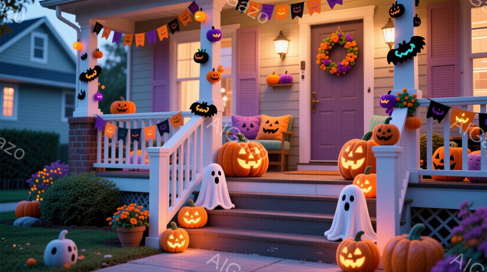 ハロウィーンの飾り付けで彩られた家の正面玄関が写っています。玄関の階段や庭には、様々な大きさのジャック・オー・ランタンや幽霊、その他のハロウィーンの装飾が配置され、温かい光を放っています。背景には、薄暗い空の下に、可愛らしい一軒家や緑豊かな植物が見え、お祝いムードを盛り上げています。