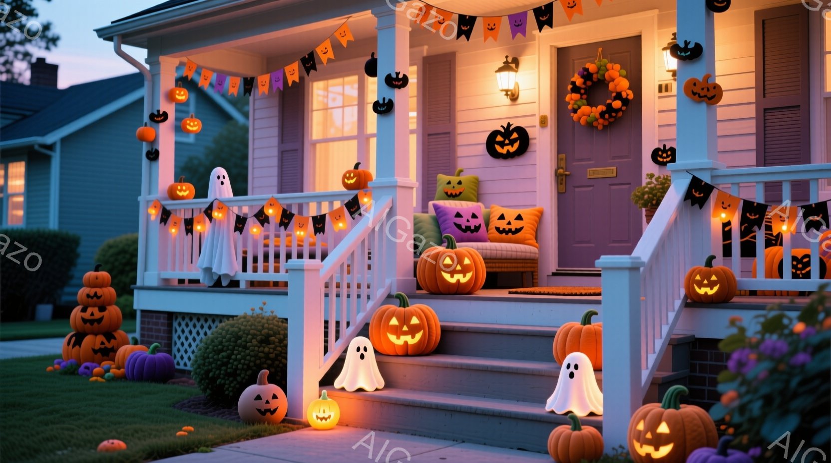 ハローウィーンの装飾が施された家の正面玄関が写っています。玄関の階段や芝生には、様々な大きさのジャック・オ・ランタンや幽霊が置かれ、オレンジ色と白色のコントラストが目を引きます。背景には木々や建物が見 - AI生成フリー素材