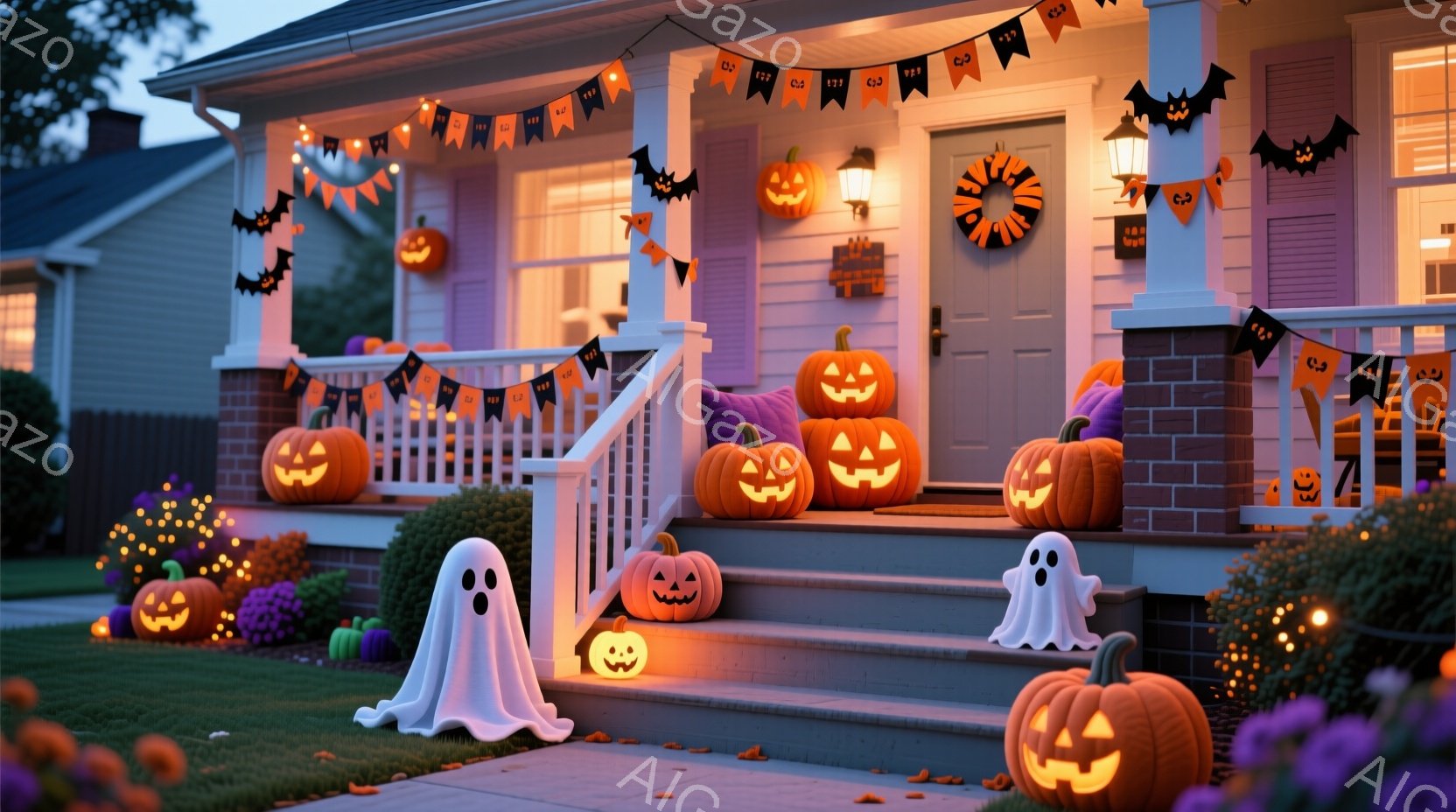ハローウィーンの飾り付けで彩られた家の正面玄関が写っています。オレンジと紫の様々な大きさのジャック・オ・ランタンが階段や玄関先に置かれ、白いお化けの装飾がアクセントになっています。背景には穏やかな夕暮れ時の空が広がり、暖かく幻想的な雰囲気を醸し出しています。