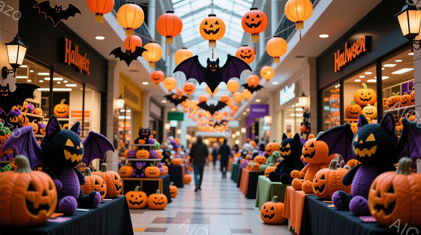 ハロウィーンの装飾で飾られたショッピングモールの通路が写っています。オレンジ色のカボチャのランタンが天井から吊り下げられ、通路の両側には様々なハロウィーングッズが並んでいます。人々は通路を歩いており、ハロウィーンの楽しい雰囲気が漂っています。