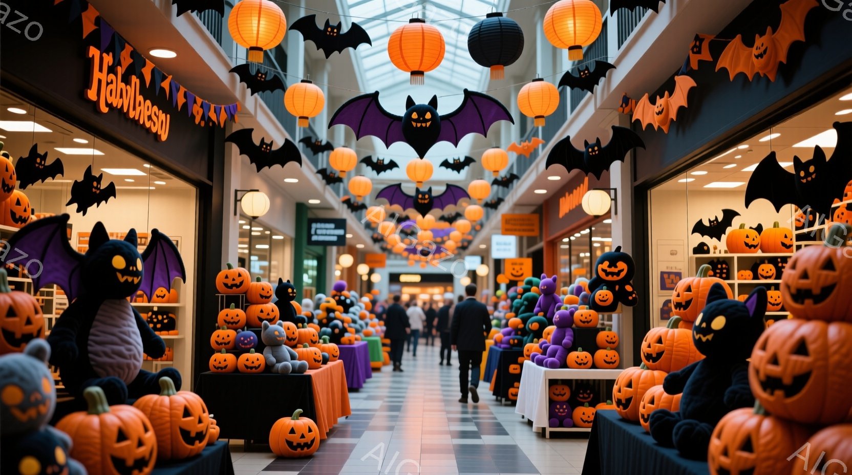 ハロウィーンの装飾で飾られたショッピングモールの廊下で、オレンジと紫の様々なカボチャとコウモリが並んでいます。人々は廊下を歩いており、黒いコートを着ている人が見えますが、顔の表情ははっきりとわかりませ - AI生成フリー素材