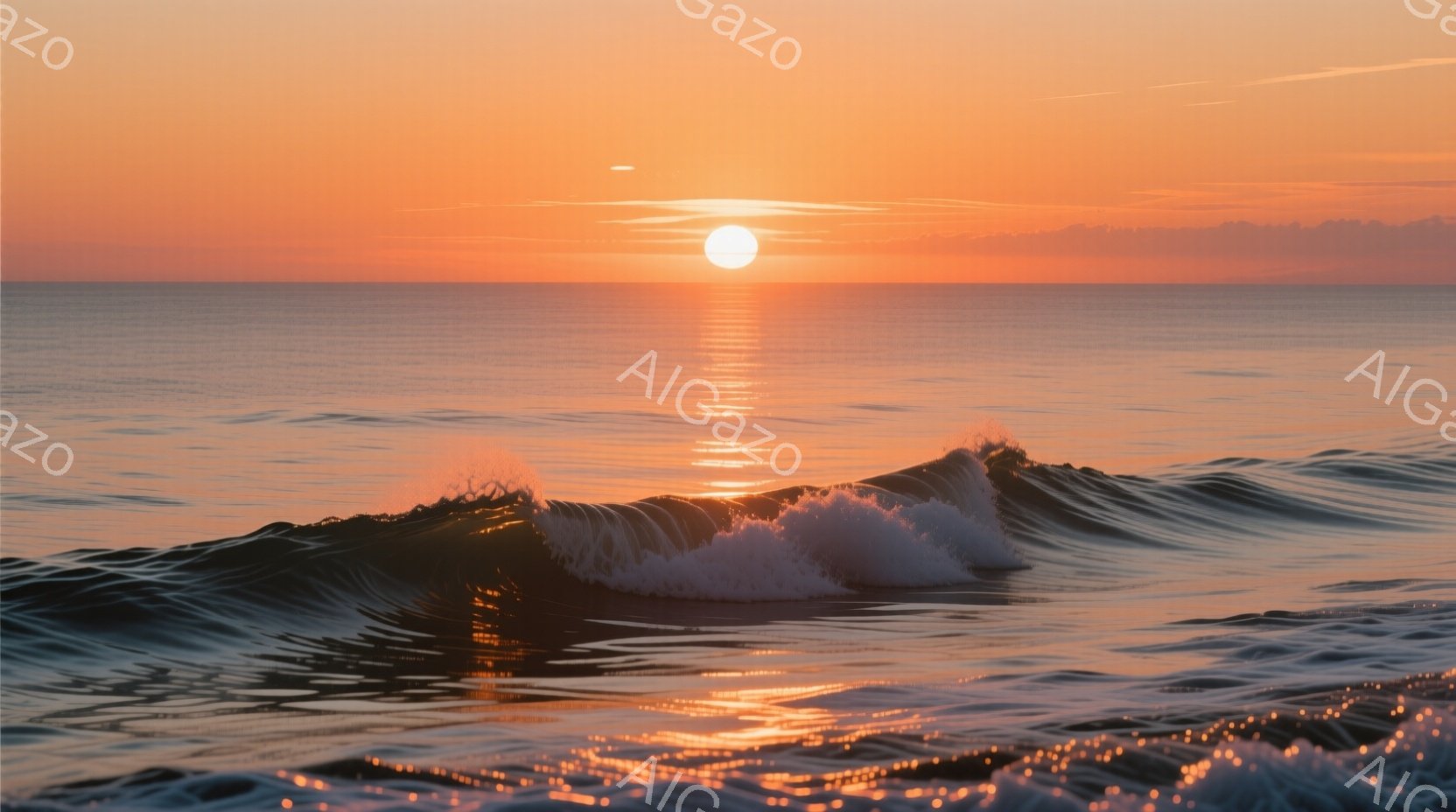 鮮やかなオレンジ色の夕焼けが、穏やかな海面に反射し、水面全体が暖かく輝いている。波は穏やかで、一箇所だけ白く泡立ち、太陽の光を受けてキラキラと輝いている。遠くには地平線が見え、平和で穏やかな雰囲気を醸 - AI生成フリー素材