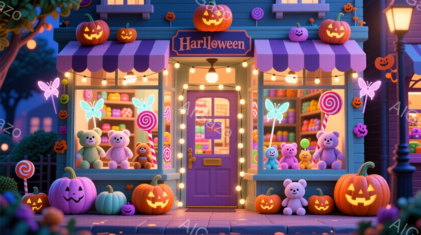 ハローウィーンのキャンディショップが、夜の街並みに明るく輝いています。お店の周りには、さまざまな表情をした可愛らしいカボチャや、お菓子のようなキャラクターたちが飾られ、お祝いムードを盛り上げています。背景には、夜空と街の建物が見え、幻想的な雰囲気を醸し出しています。