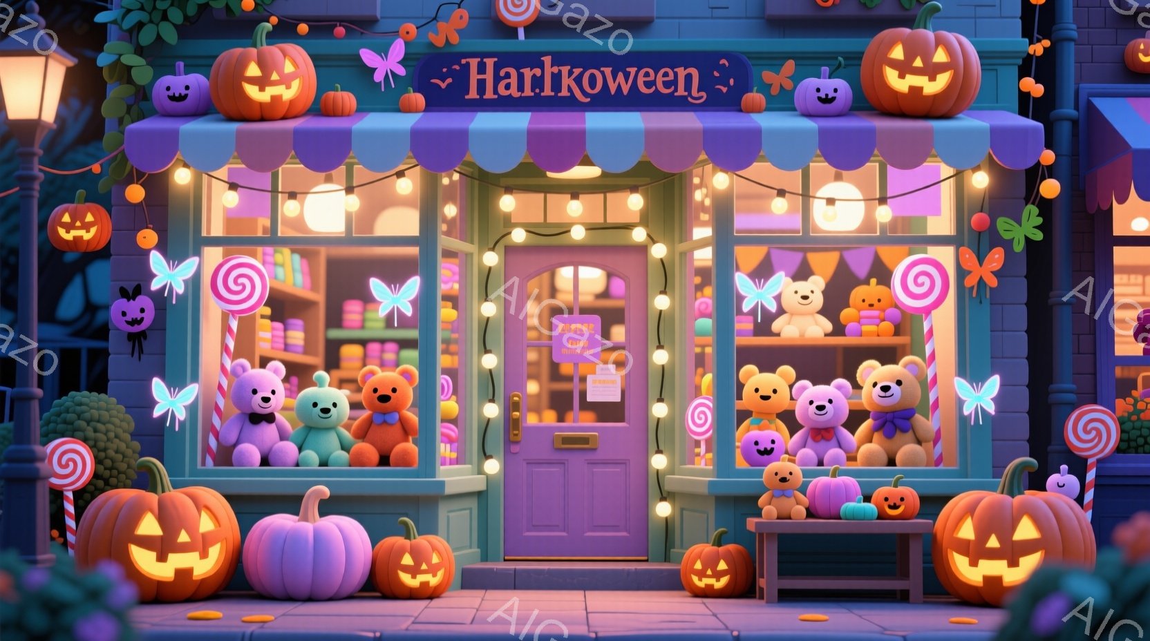 カラフルで可愛らしいお菓子屋さんが描かれています。オレンジ、紫、ピンクを基調とした外観は、ハロウィーンの装飾で賑わっており、カボチャのランタンやキャンディ、蝶が店を彩っています。店内には、ピンクや水色のテディベアがずらりと並び、まるで夢のような世界が広がっています。