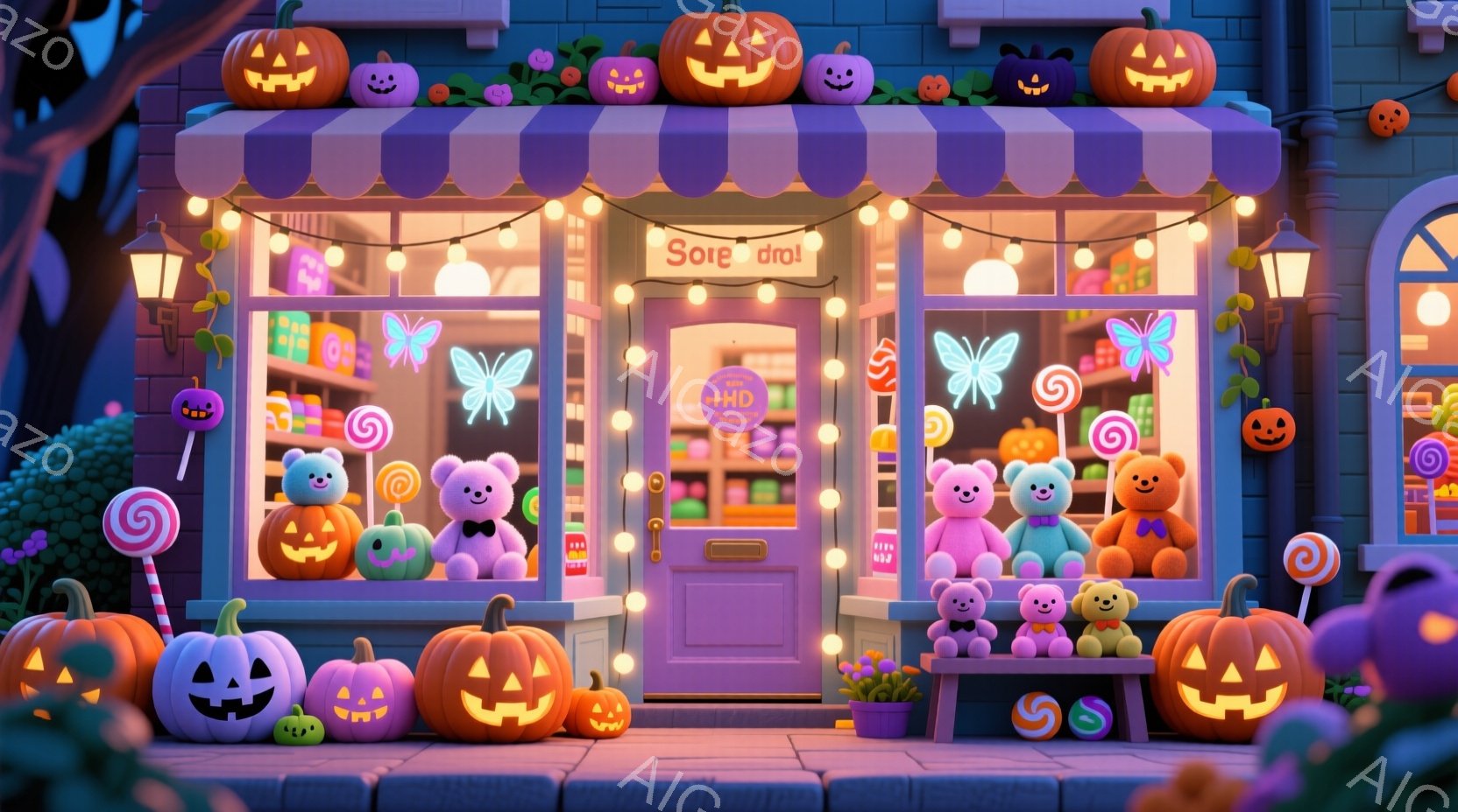 ハロウィーンをテーマにしたお菓子屋さんの外観で、カラフルなカボチャのランタンが店先を飾り付けています。店にはピンクや紫色の可愛いぬいぐるみがたくさん並び、店内にはキャンディーやチョコレートなどのお菓子 - AI生成フリー素材