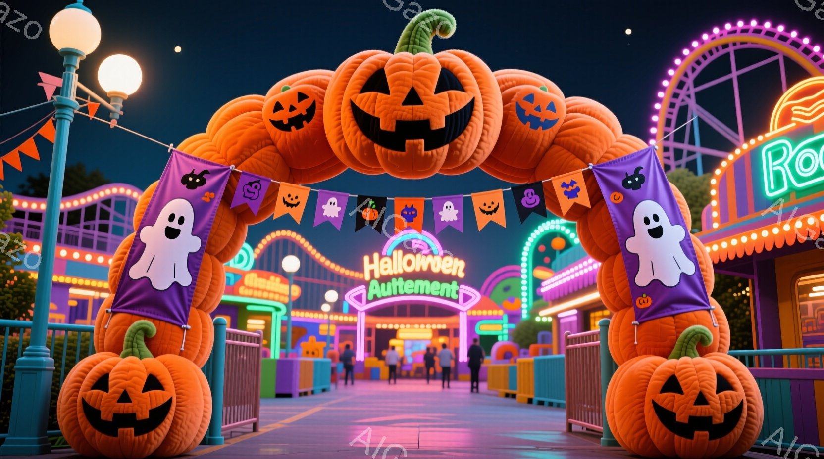 ハロウィーンのテーマパークの入り口が描かれており、大きなカボチャのアーチと紫色の旗が飾られています。人々はカラフルな服装で、リラックスした様子で歩き回っています。背景には遊園地の乗り物や建物が見え、夜 - AI生成フリー素材