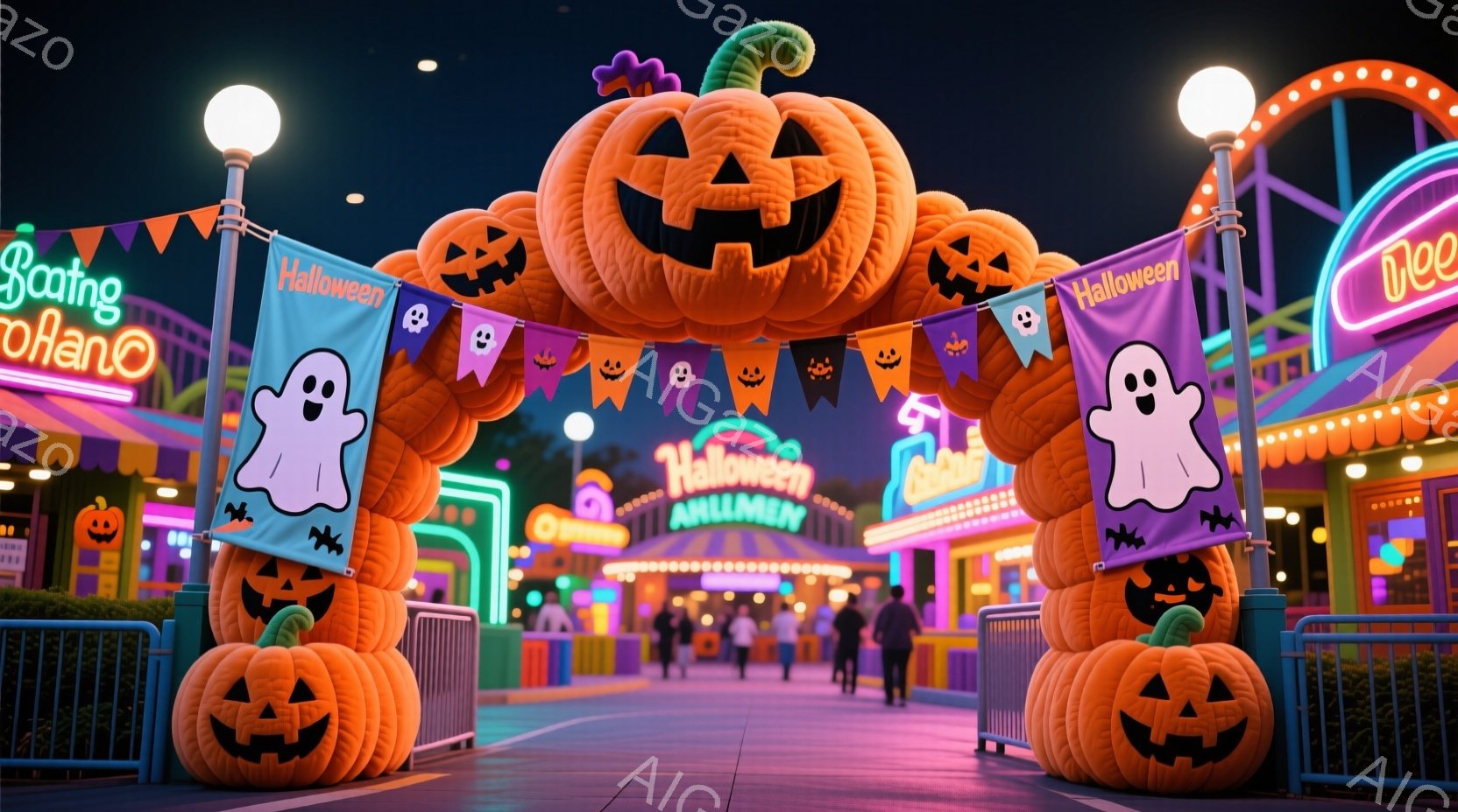 ハロウィーンの装飾が施された遊園地の入り口が描かれています。巨大なカボチャのアーチの両側に、幽霊の旗が飾られ、多くの人々が遊園地の中へと歩いて入っています。背景には、ネオンサインが輝くカラフルな建物が - AI生成フリー素材