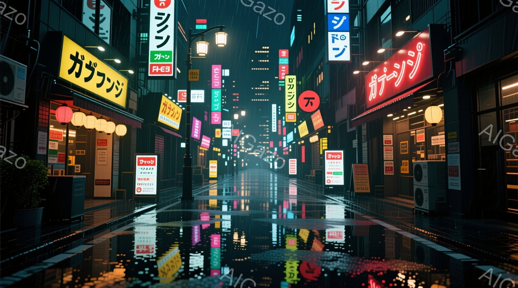 雨上がりの夜の日本の街並みが描かれている。ネオンサインが濡れた路面に反射し、鮮やかな色彩が広がっている。高層ビルや商店が立ち並び、その光が水面に揺らめき、幻想的な雰囲気を醸し出している。