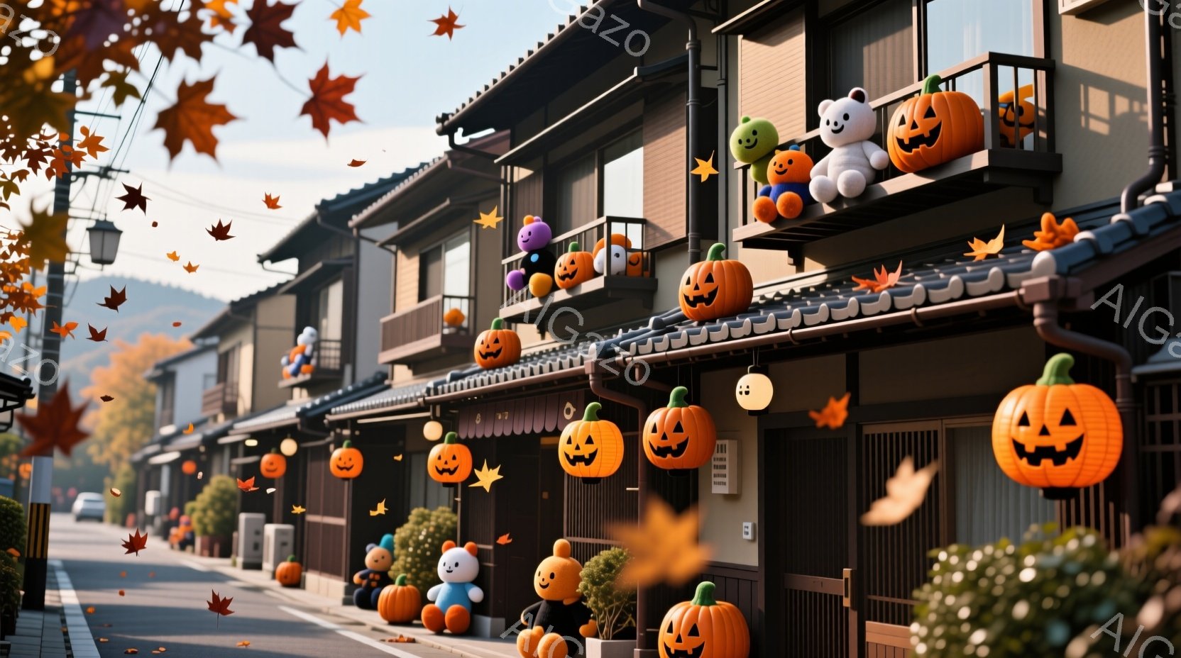 古い町並みが並び、ハロウィーンの飾り付けが施された趣のある風景です。建物の上や道沿いに、様々な表情をしたジャック・オ・ランタンや可愛らしいお化けの置物が飾られ、秋の紅葉が舞い散る様子が描かれています。全体的に温かく、穏やかなハロウィーンの雰囲気が漂っています。