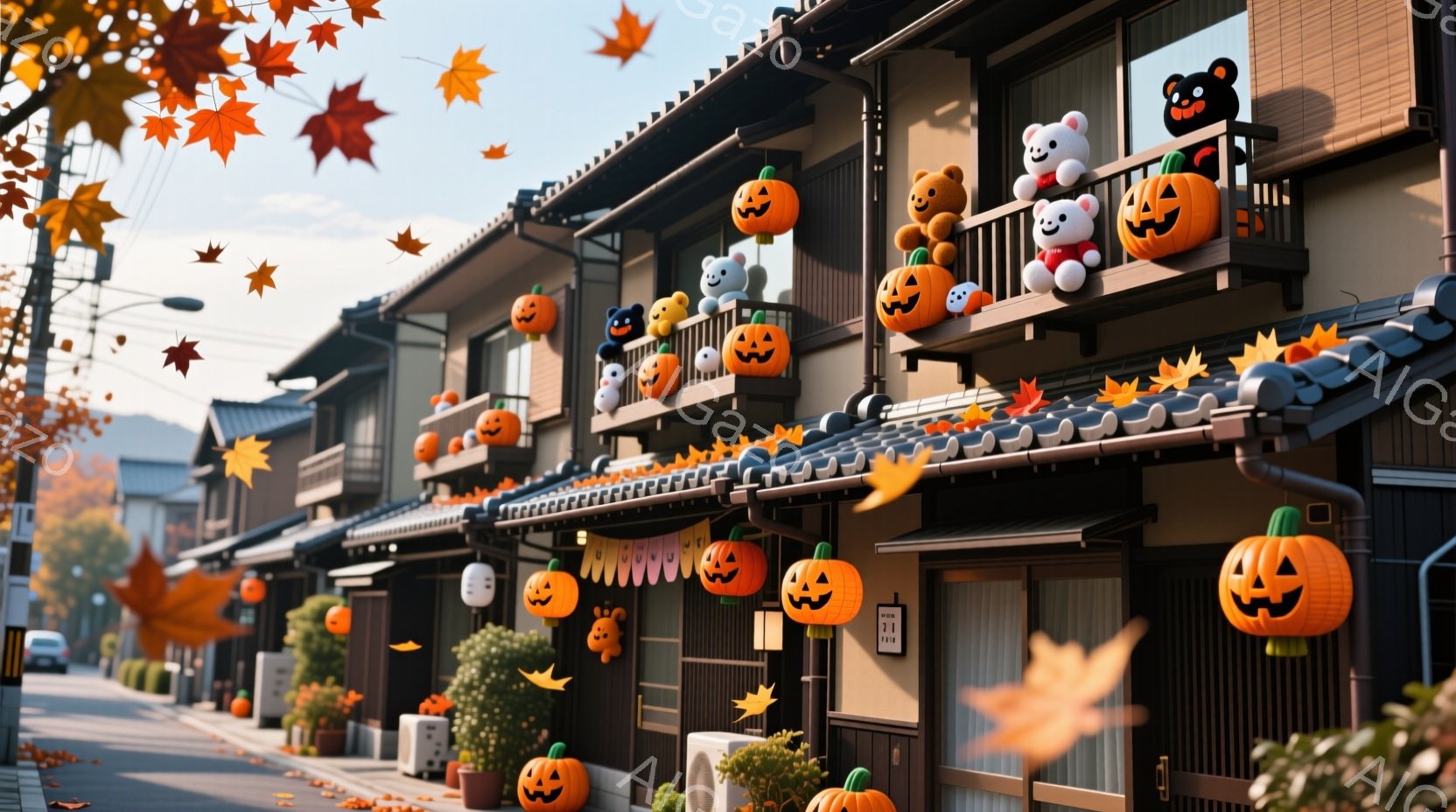 古い町並みが、ハロウィーンの飾り付けで賑わっています。建物には様々な大きさのジャック・オ・ランタンや可愛らしいキャラクターの人形が飾られ、秋らしい紅葉が舞い散っています。温かい光とオレンジ色の装飾が、 - AI生成フリー素材
