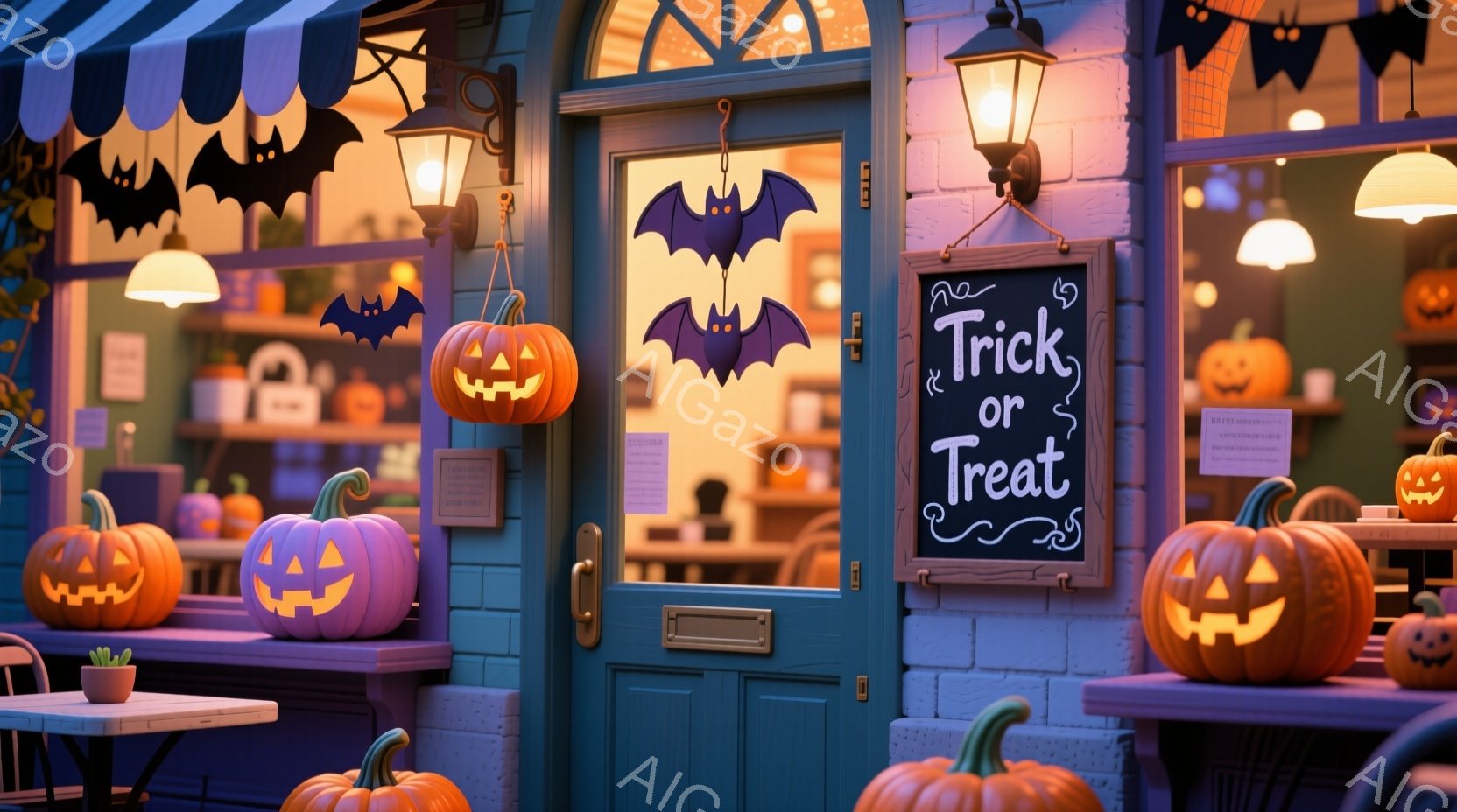 ハロウィーンの装飾が施されたカフェの入り口です。オレンジ色のカボチャのランタンがカフェの周りに置かれ、入り口の上の看板には「トリック・オア・トリート」と書かれています。カフェの内部は暖かく照らされてお - AI生成フリー素材