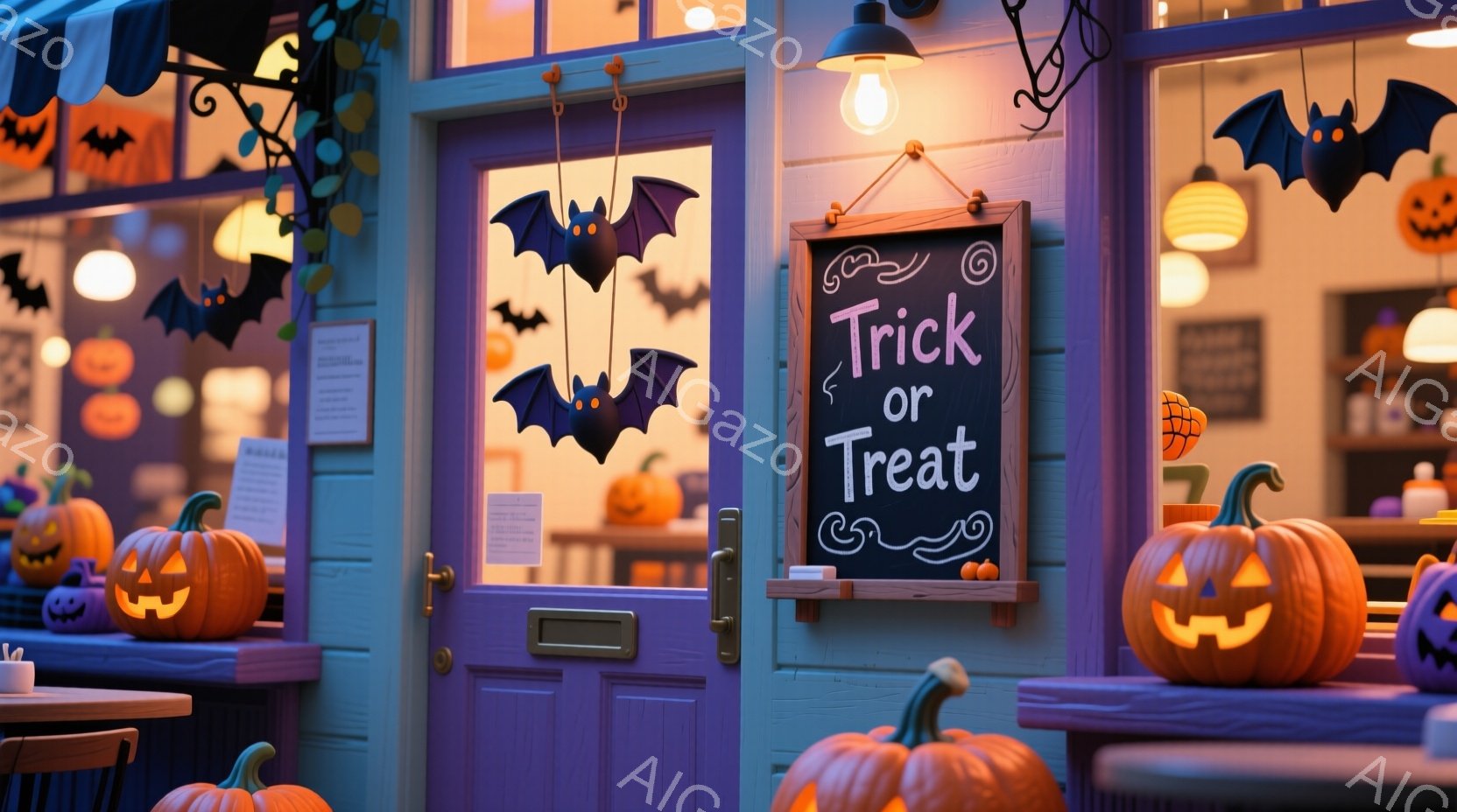 ハロウィーンの装飾が施されたお店の入り口です。オレンジ色のジャック・オ・ランタンがいくつか並べられ、紫色のドアには切り抜かれたコウモリが飾られています。「トリック・オア・トリート」と書かれた黒板が、お - AI生成フリー素材