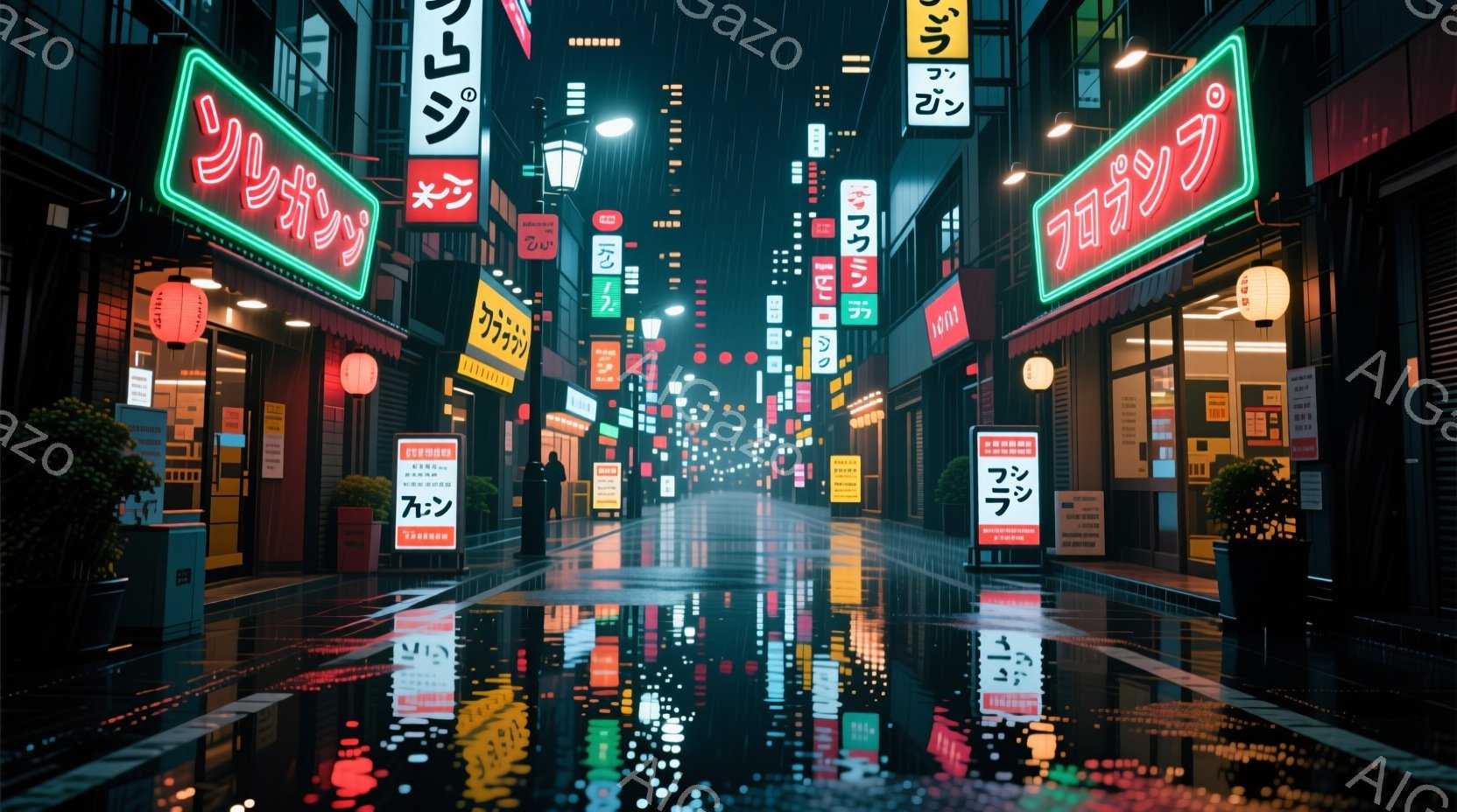 雨上がりの夜の街並みが描かれている。ネオンサインが濡れた路面に反射し、鮮やかな光のラインが伸びている。建物は密集しており、多様な看板が点灯しており、活気のある都市の雰囲気を醸し出している。 - AI生成フリー素材