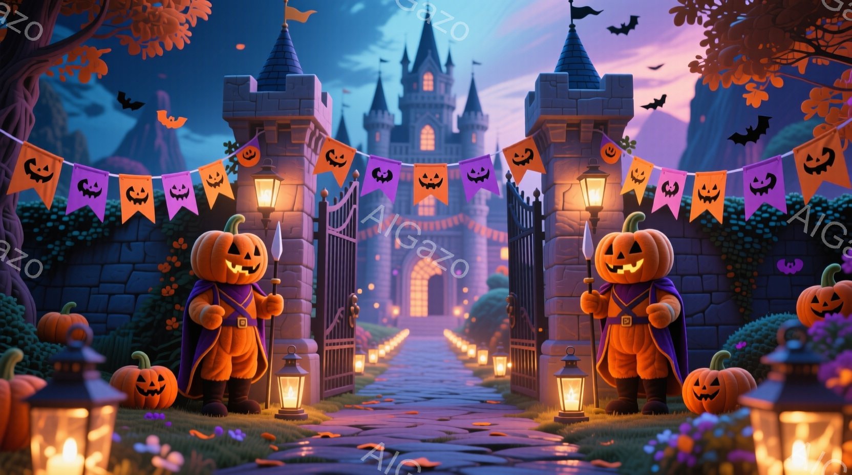 巨大な城への入り口に、カボチャの頭が付いた可愛らしいキャラクターが左右に立って、紫色のマントを羽織っています。石畳の道にはランタンが並び、ハロウィーンの旗やカボチャの飾り付けが施され、背景には暗い山々 - AI生成フリー素材