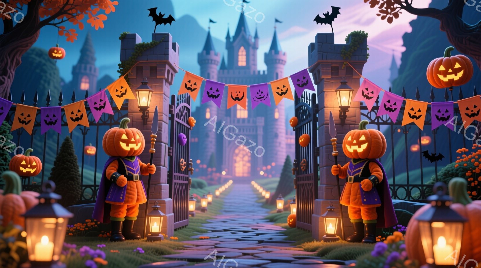 ハロウィーンの飾り付けが施された城への入り口で、カボチャの頭をした二人の人物が立っている。彼らは紫色のマントとブーツを身に着け、片手に剣を持っている。背景には、遠くに見える城、紫色のハロウィーンバナー、そして道に沿って並んだジャック・オ・ランタンがあり、不気味でありながらも楽しい雰囲気を醸し出している。
