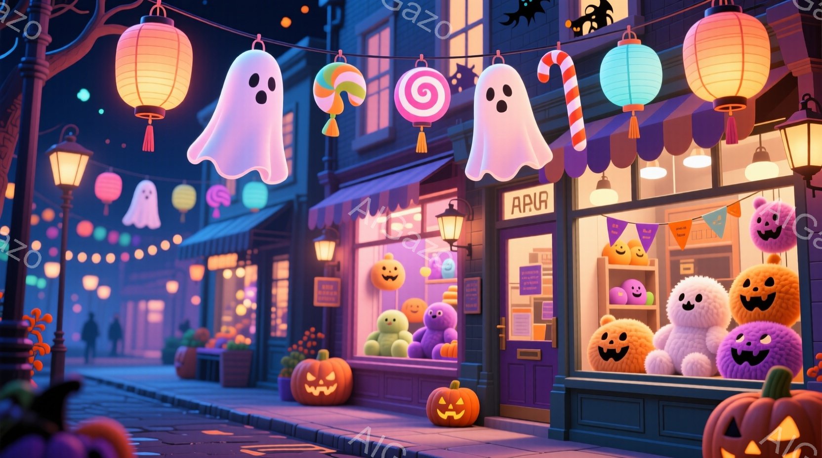 ハロウィーンの夜の賑やかな通りが描かれています。紫色の建物には、お化け、キャンディー、カボチャの装飾が施され、店先には可愛らしいぬいぐるみが並んでいます。空にはお化けの飾り付けが浮かび、街灯や建物から - AI生成フリー素材