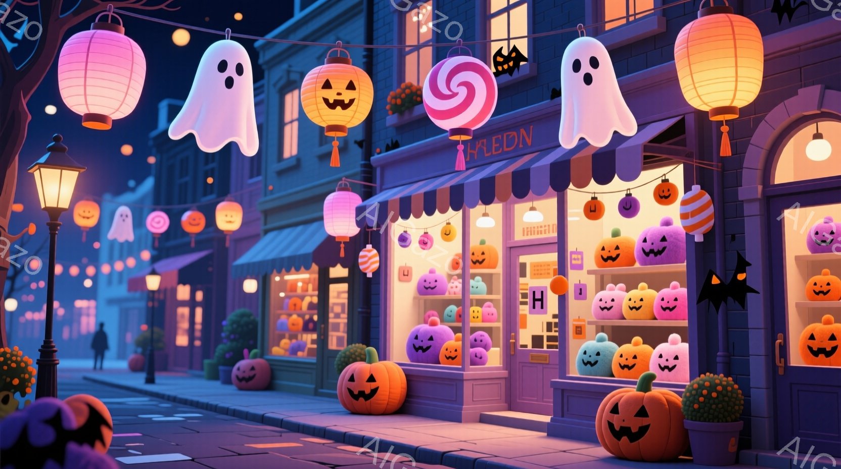 ハロウィーンの夜を思わせる賑やかな通りが描かれています。お店のショーウィンドウには、様々なカラフルなハロウィーンの飾り、特にジャック・オ・ランタンが並べられ、通りにはカボチャや幽霊の飾り付けがされてい - AI生成フリー素材