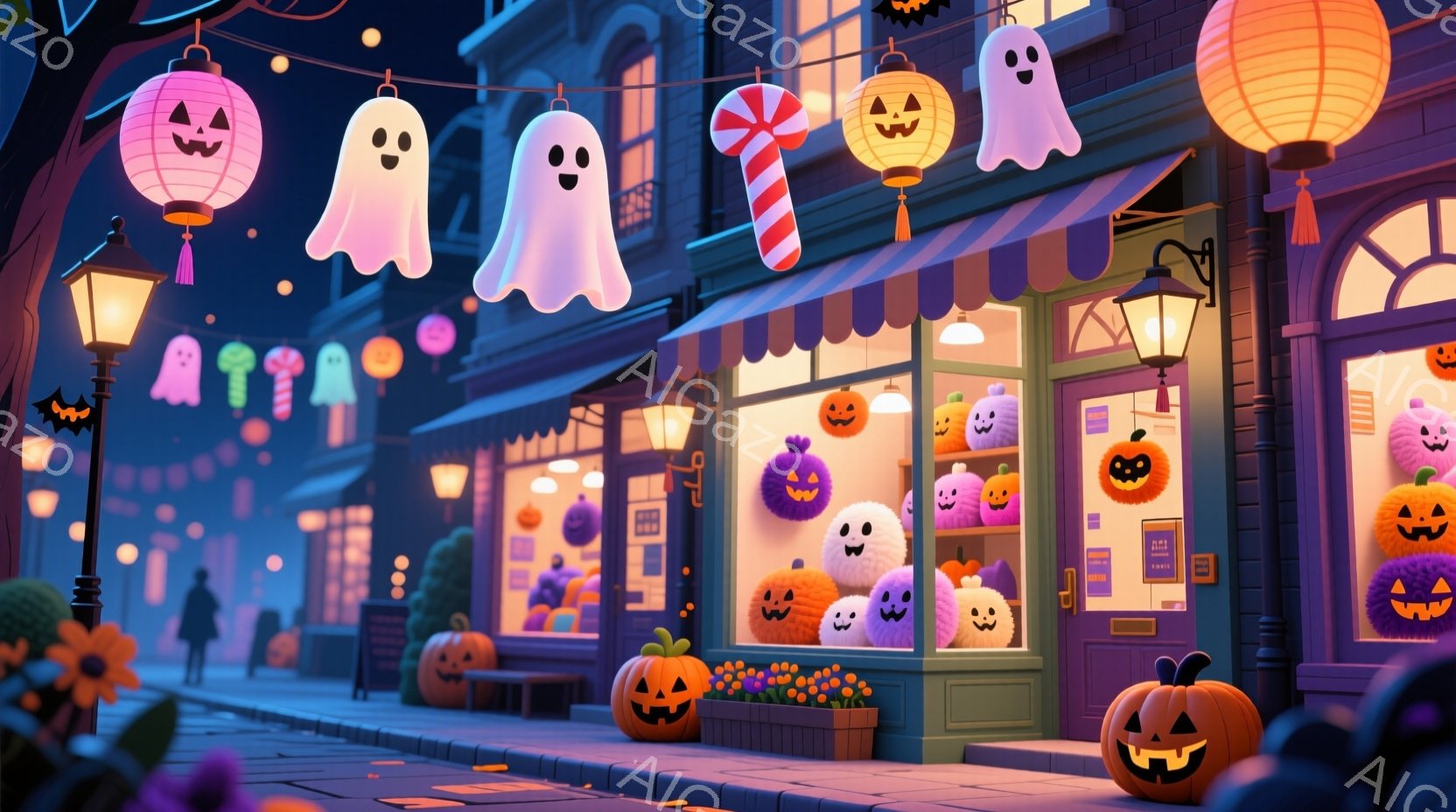 ハロウィーンの夜の賑やかな通りが描かれています。建物は紫とオレンジ色で彩られ、カボチャのランタンや可愛らしいお化けの飾り付けで溢れています。通りには一人の人物が歩いており、背景にはオレンジと紫のグラデ - AI生成フリー素材
