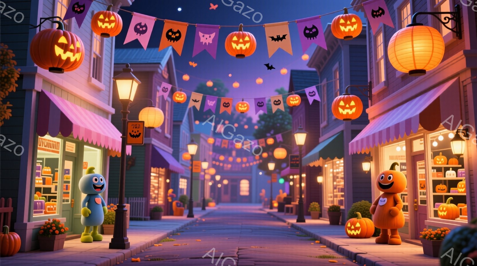 ハロウィーンの飾り付けがされた通りが描かれており、オレンジ色と青色のキャラクターが両側に立っています。オレンジ色のキャラクターは、かぼちゃの帽子をかぶり、腕を広げて楽しそうにしています。背景には、ハロウィーンの提灯や旗が飾られた建物が並び、夜空にはコウモリが舞っており、お祭り気分を盛り上げています。