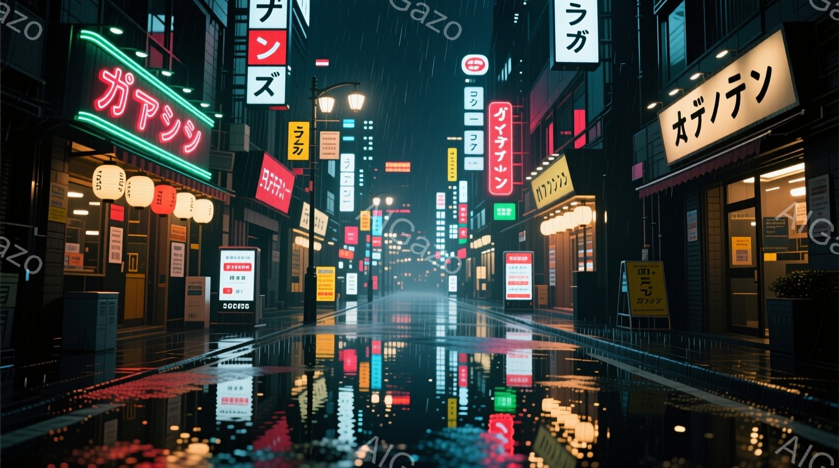 雨上がりの日本の街並みが描かれており、ネオンサインが濡れた路面に反射している。商店街の建物は密集しており、多様な看板が夜の空を明るく照らしている。全体的に、湿った空気と活気のある都市生活が混ざり合った、ノスタルジックで魅力的な雰囲気が漂っている。
