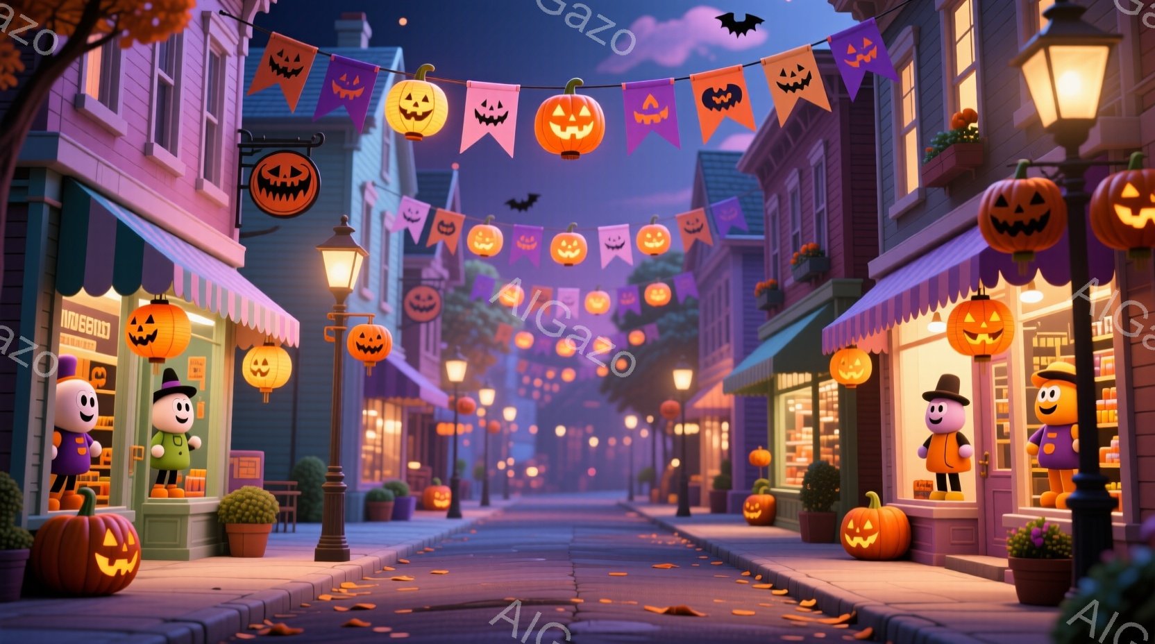 ハロウィーンの装飾が施された通りを描いています。建物はパステルカラーで、カボチャのランタンやハロウィーンの旗で飾られており、可愛らしい雰囲気を醸し出しています。通りには、帽子と紫色の服を着た、丸い顔で - AI生成フリー素材