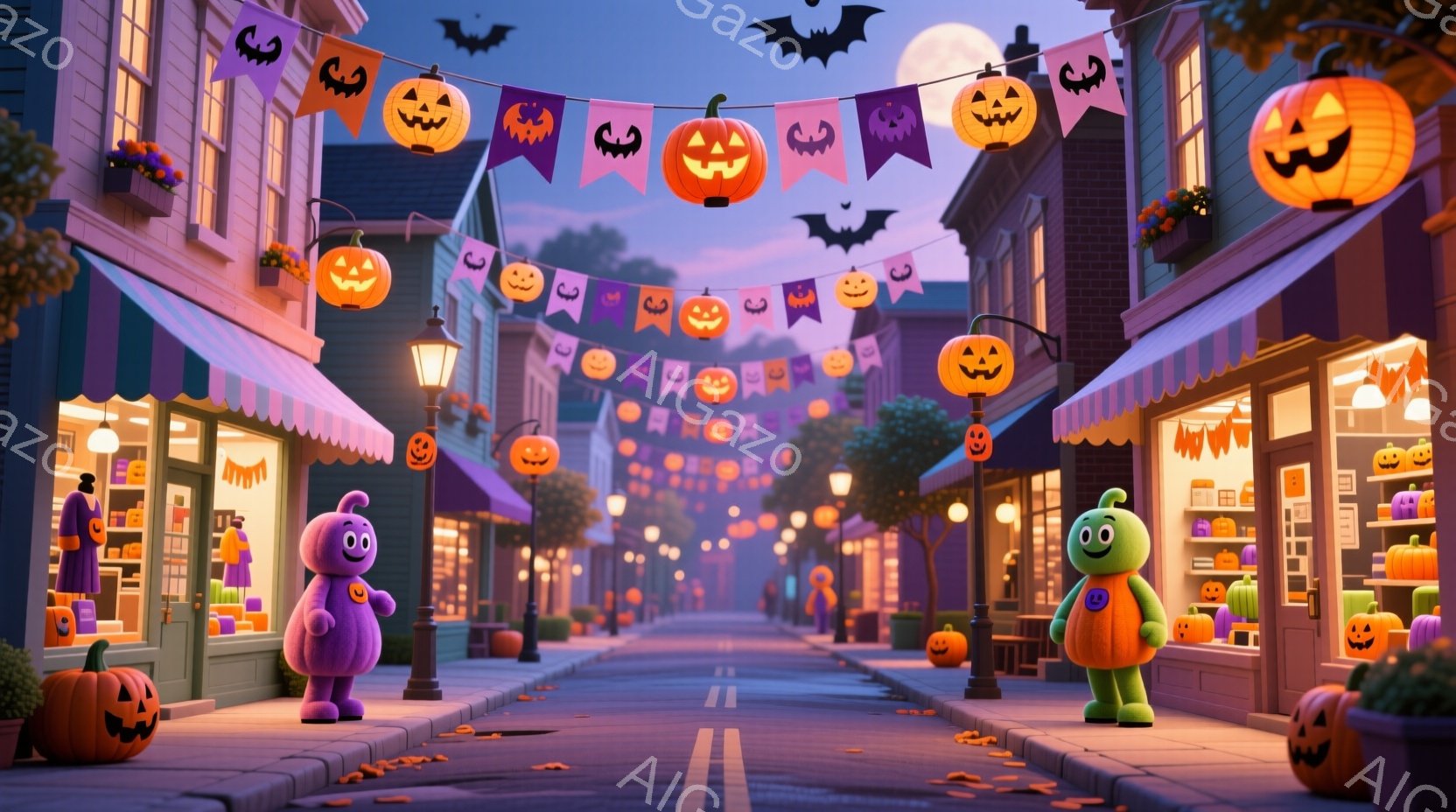 ハロウィーンの飾り付けがされた可愛らしい街並みを描いています。紫と緑の丸いキャラクターが2体、それぞれ道路の両側に立っており、嬉しそうな表情をしています。背景には、ハロウィーンの旗、カボチャ、装飾が施 - AI生成フリー素材