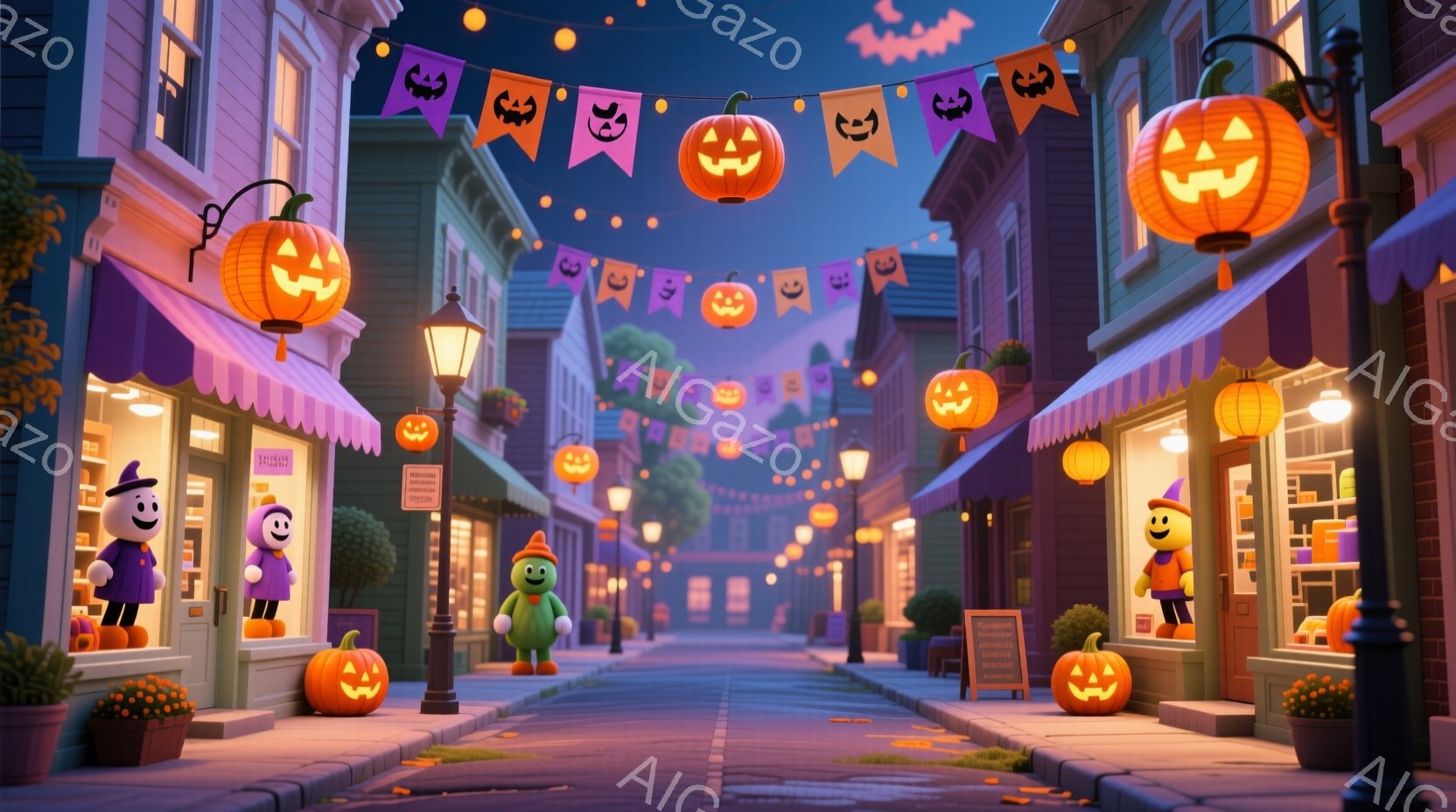 ハロウィーンの飾り付けがされた通りが描かれています。可愛らしいハロウィーンの衣装を着たキャラクターたちが、通りに沿って立っています。背景には、オレンジと紫の提灯、カボチャのランタン、そして装飾された建 - AI生成フリー素材