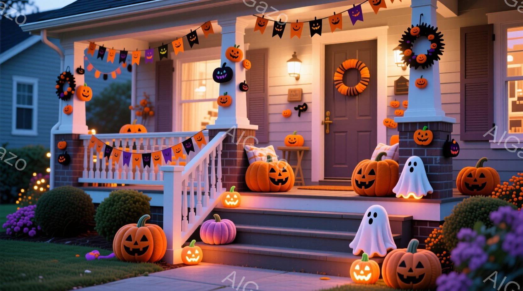 ハロウィーンの飾り付けで彩られた一軒家の玄関前です。オレンジ色と紫色のハロウィーンガーランド、様々な大きさのジャック・オー・ランタン、そして可愛らしいお化けが配置され、お祝いの雰囲気を醸し出しています - AI生成フリー素材