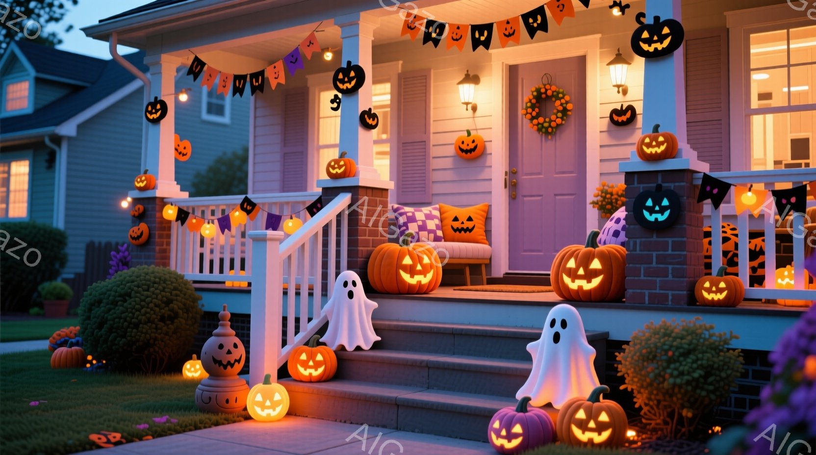 ハローウィンの飾り付けで彩られた一軒家が、夕暮れ時の穏やかな光に照らされています。玄関の階段や芝生には、様々な大きさのジャック・オー・ランタンと幽霊が配置され、可愛らしい雰囲気を醸し出しています。背景 - AI生成フリー素材