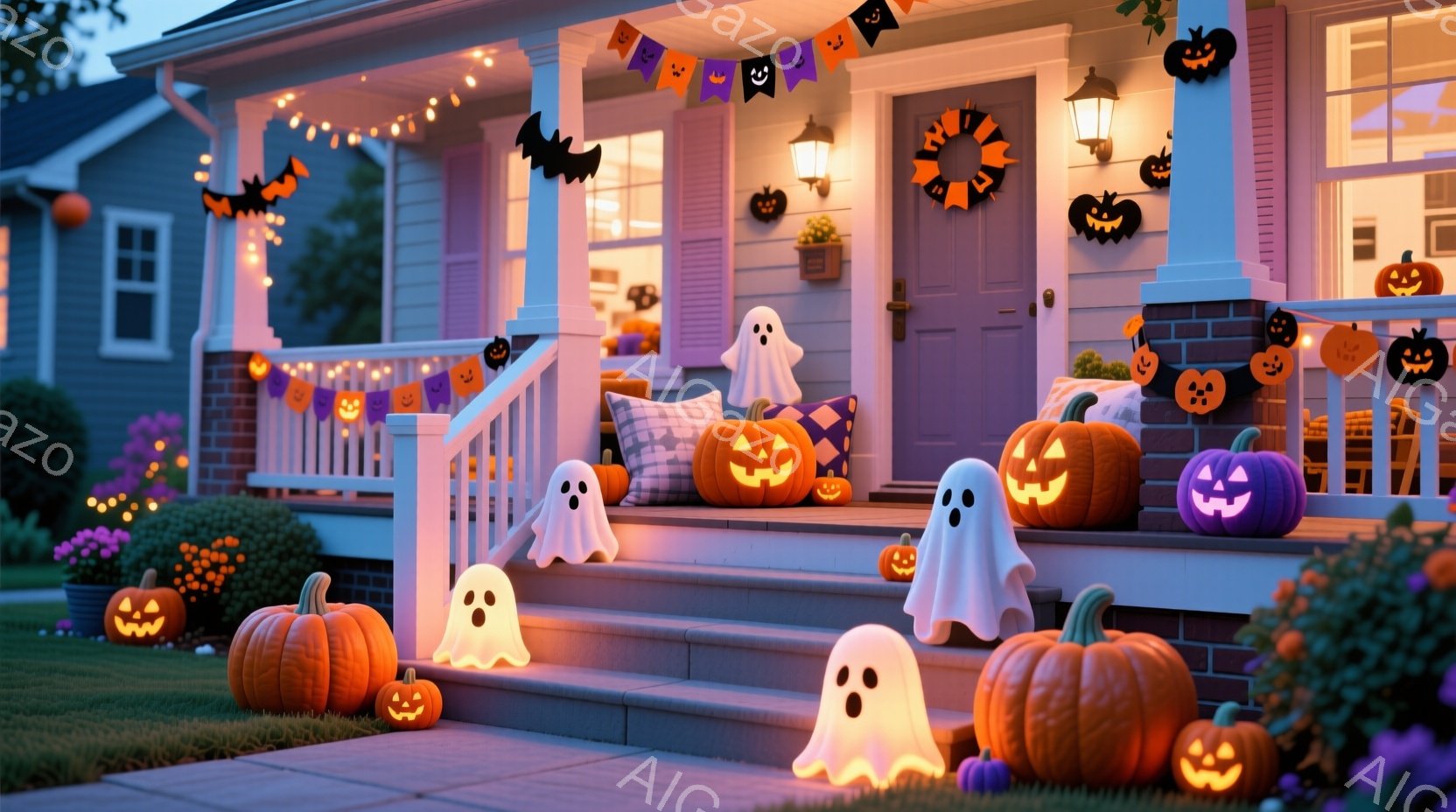 ハロウィーンの飾り付けがされた家の正面玄関と階段が写っています。オレンジ、紫、白の様々な大きさのカボチャやお化けが配置され、ハロウィーンらしい雰囲気を醸し出しています。玄関にはカボチャのリースが飾られ、階段にはオレンジ色のハロウィーンライトが飾られています。