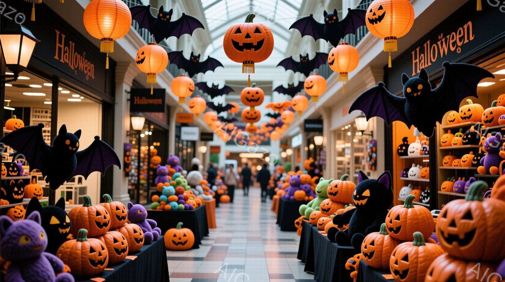 ハロウィーンの装飾で飾られた屋内通路が写っています。オレンジ色のカボチャのランタンや黒いコウモリの飾り付けが通路の上部に吊り下げられ、下には様々なハロウィーンのぬいぐるみやカボチャが並べられています。 - AI生成フリー素材