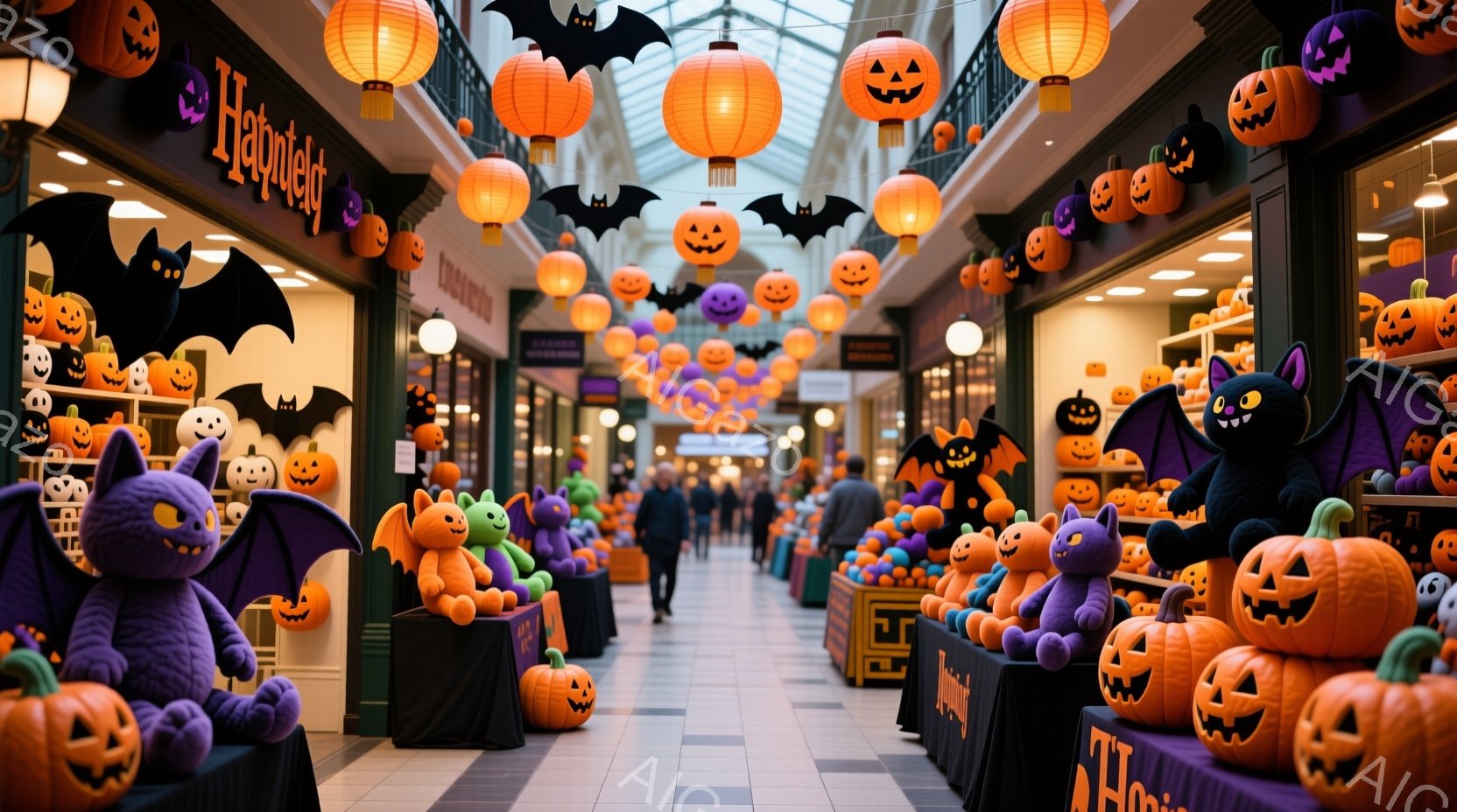 ハロウィーンの装飾が施されたアーケードの画像です。オレンジ色のカボチャのランタンが頭上に吊り下げられ、両側のショーウィンドウには紫色のコウモリやカボチャのぬいぐるみ、その他ハロウィーンの装飾が並んでい - AI生成フリー素材