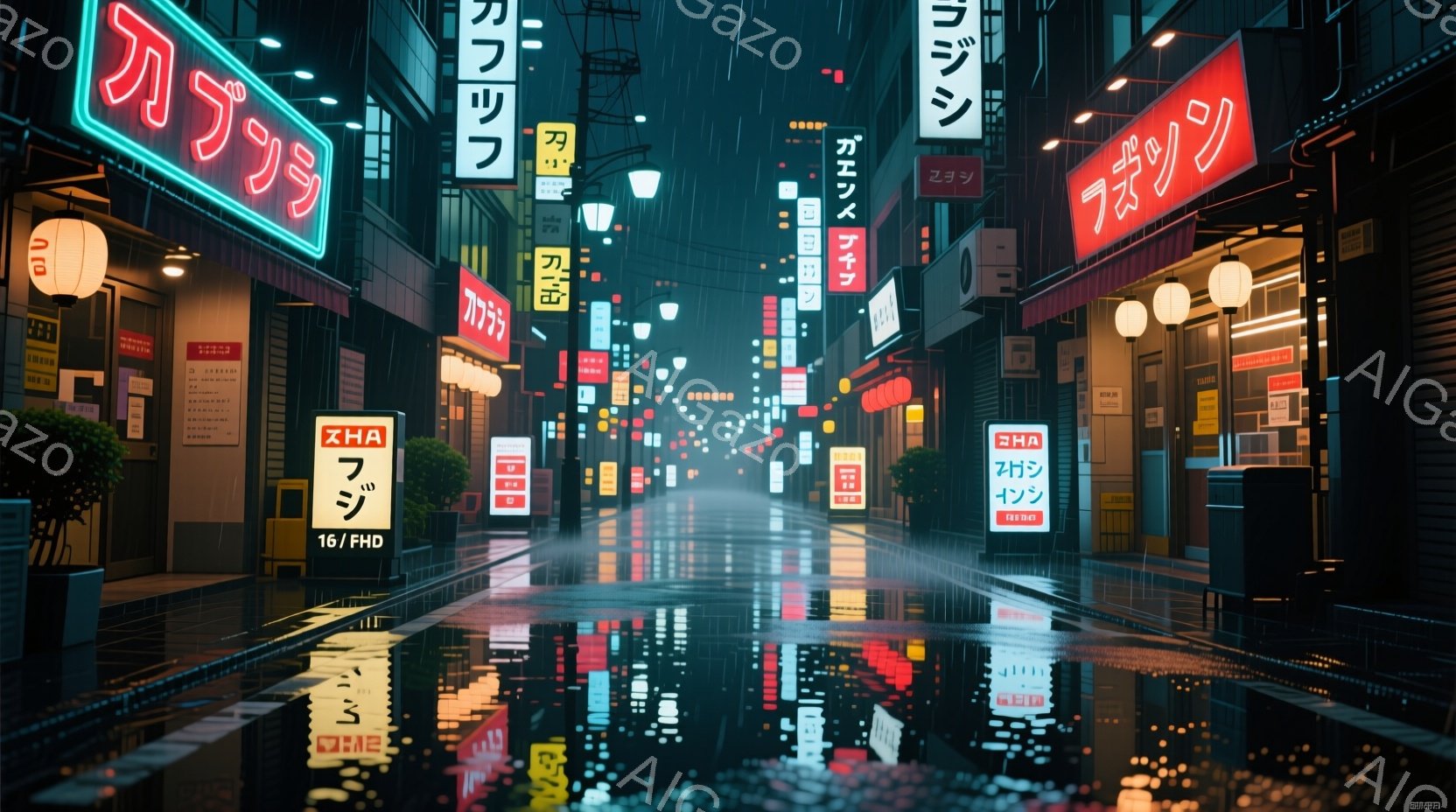 湿った路面にネオンサインが反射する夜の街並みが描かれている。高層ビルが立ち並び、雨が降りしきる中、遠くには車のヘッドライトが見える。全体的に青と赤のコントラストが強く、サイバーパンク風で少し物憂げな雰 - AI生成フリー素材