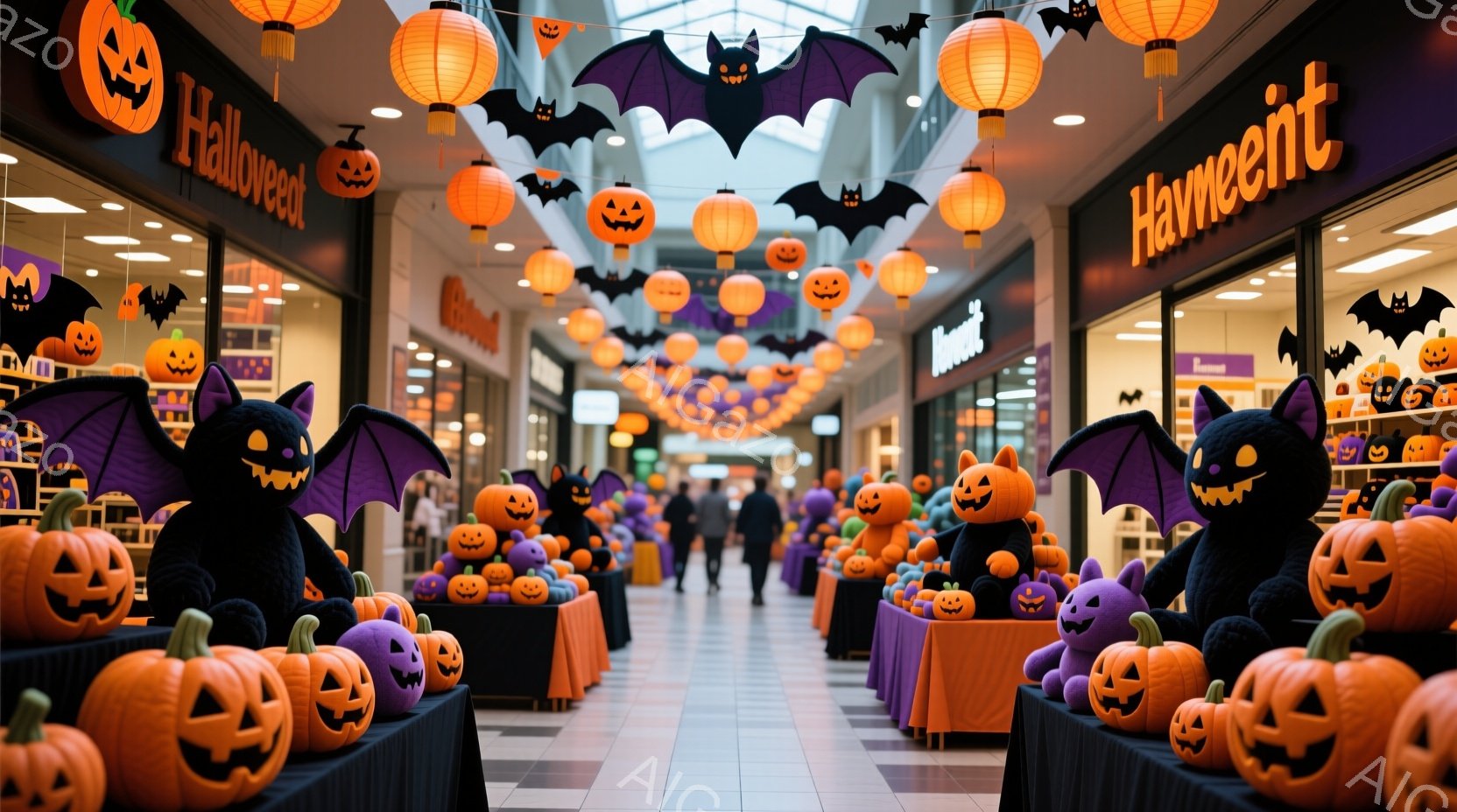 ショッピングモールの通路は、ハロウィーンの装飾で賑わっています。オレンジ色のランタンが天井から吊り下げられ、紫とオレンジのテーブルには様々なハロウィーンの置物、特にカボチャやコウモリが並べられています。通路の中央には数人の人が歩いており、ハロウィーンの雰囲気を楽しんでいる様子が伺えます。